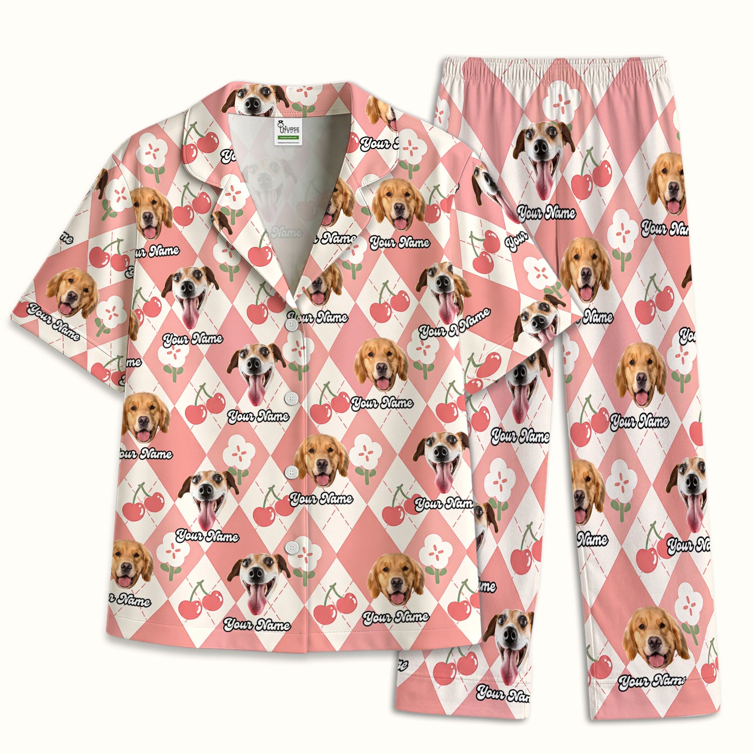 Custom Dog Face Pajama Set, Playful Dog Cherry Argyle Pattern, Soft Breathable Fabric Comfortable Sleepwear