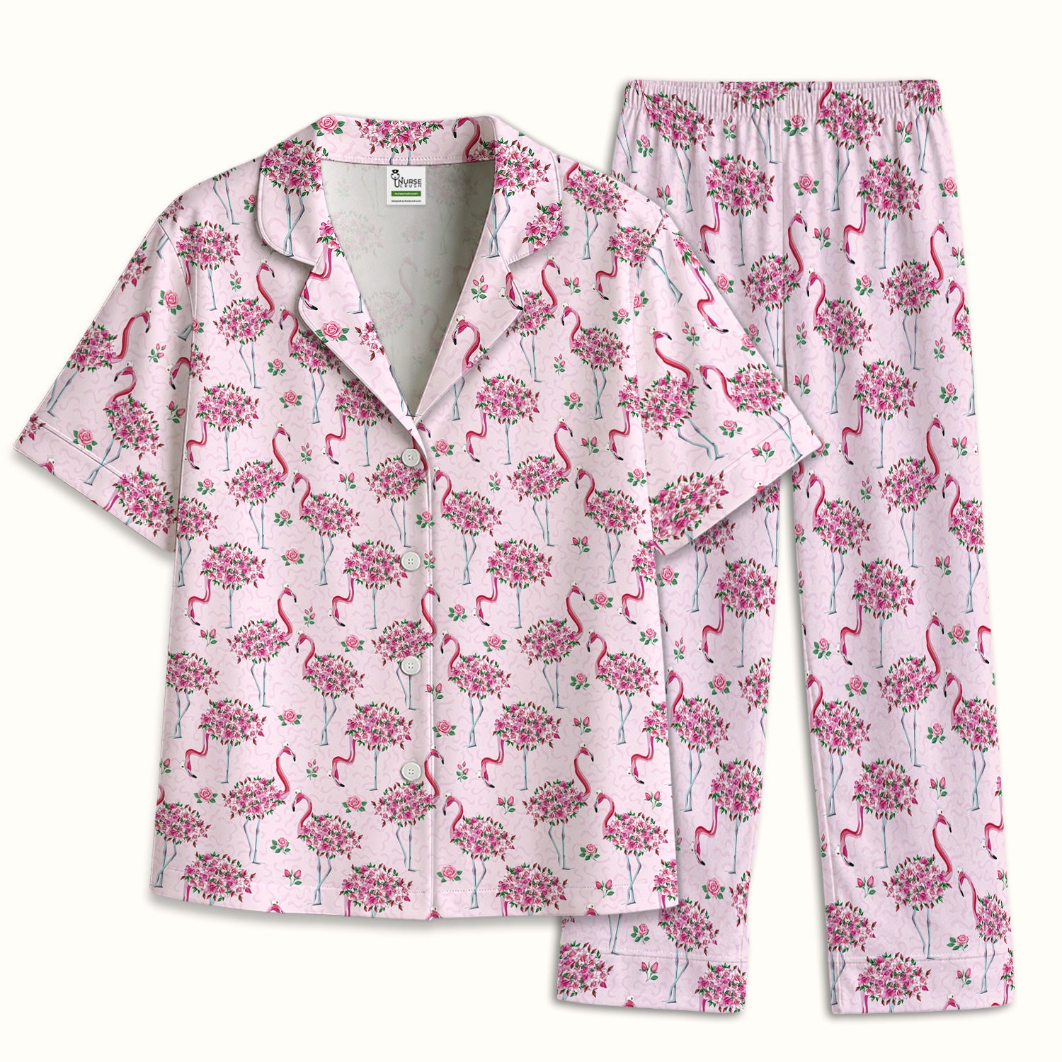 Pink Flamingo Floral Pattern  Pajama Set, Breathable Fabrics Uniform