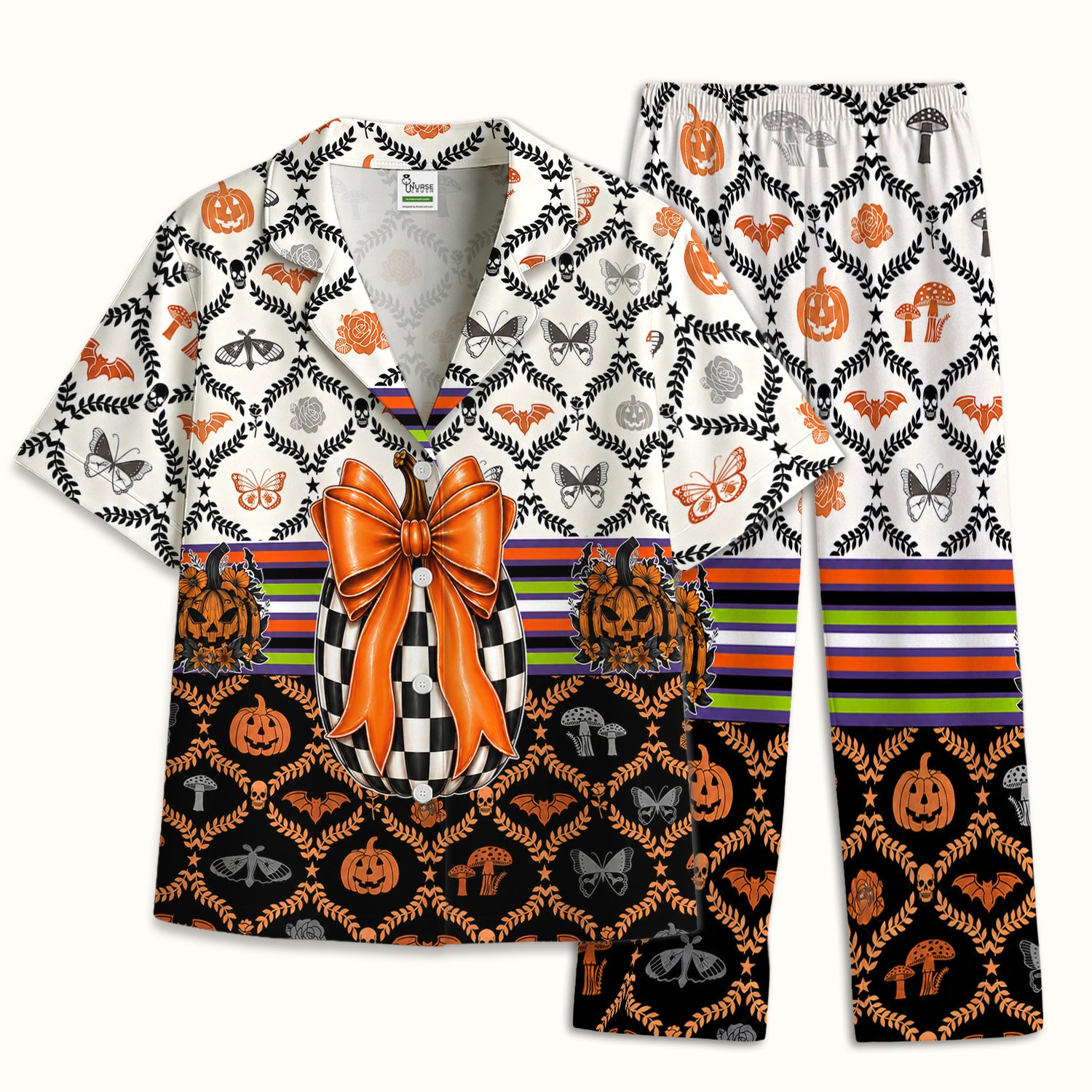 Halloween Checkered Pumpkin With Bow Pattern Pajama Set, Soft Breathable Fabric Comfortable Sleepwear