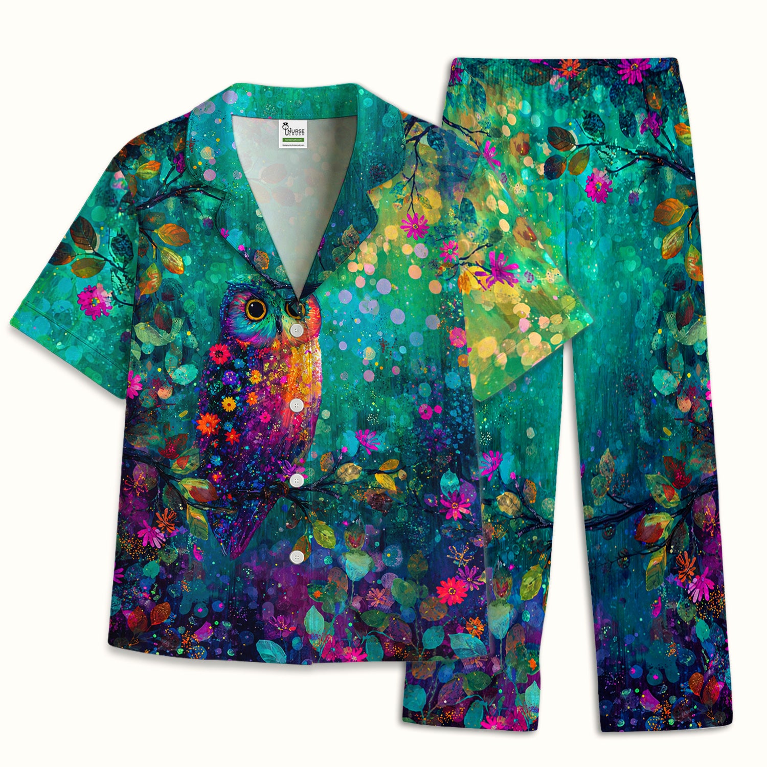 Vibrant Neon Owl Pattern, Colorful Forest Medical Pajama Set, Soft Breathable Fabric Comfortable Sleepwear