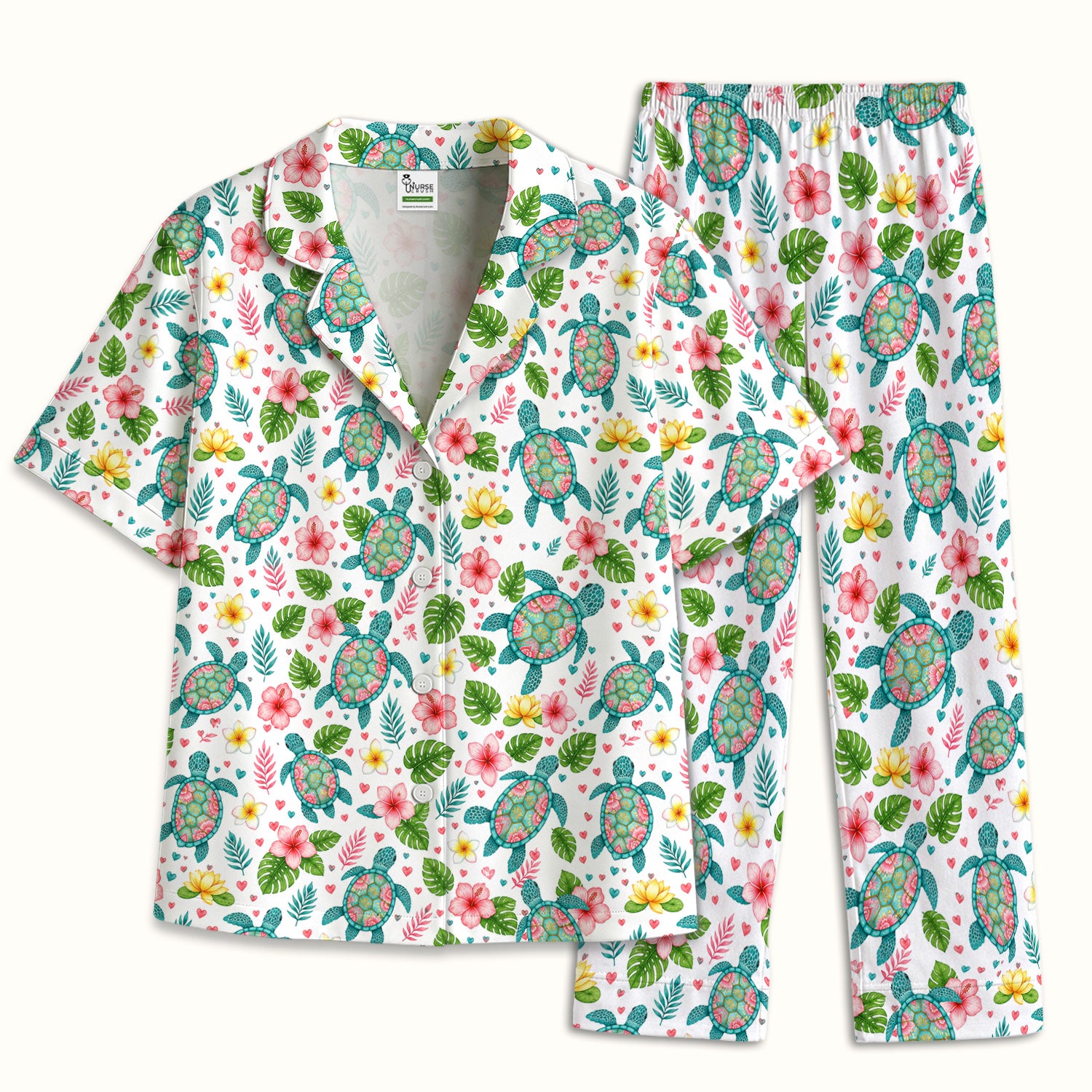 Tropical Sea Turtle Floral Pattern Pajama Set, Soft Breathable Fabric Comfortable Sleepwear