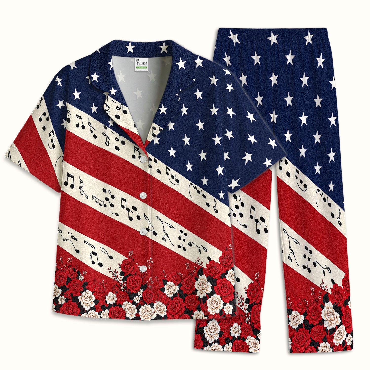 Patriotic Music Notes Nurse Scrub Top for RN, CNA, Healthcare Workers, Floral USA Uniform Pajama Set, Soft Breathable Fabric Comfortable Sleepwear
