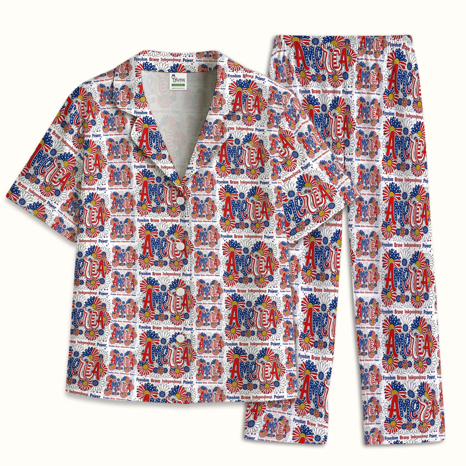 Patriotic America Floral Fireworks Pattern Pajama Set, Soft Breathable Fabric Comfortable Sleepwear