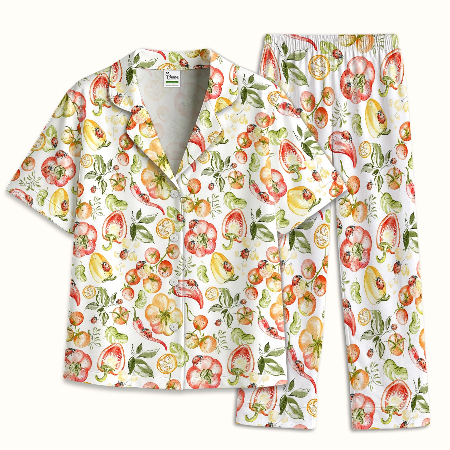 Cute Watercolor Veggie Ladybug Pattern Pajama Set, Soft Breathable Fabric Comfortable Sleepwear