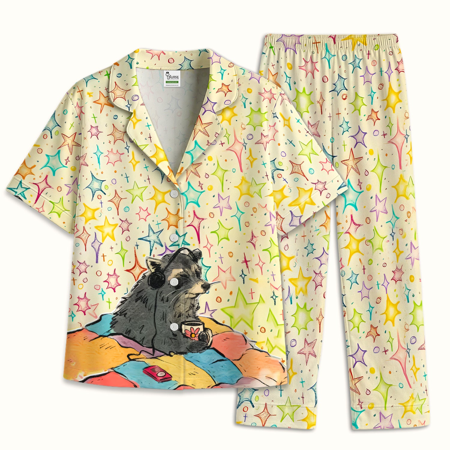Chill Raccoon Starry Music Pattern Pajama Set, Soft Breathable Fabric Comfortable Sleepwear