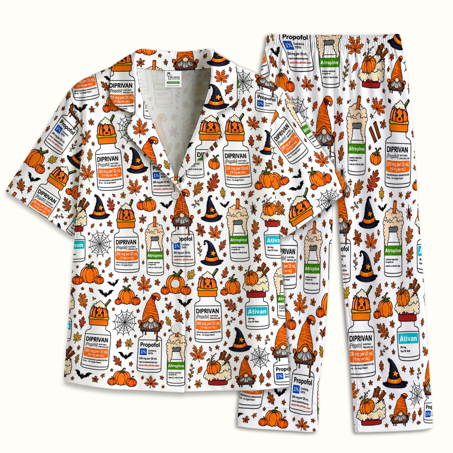 Funny Witch Hat & Pumpkin Print Pajama Set, Soft Breathable Fabric Comfortable Sleepwear