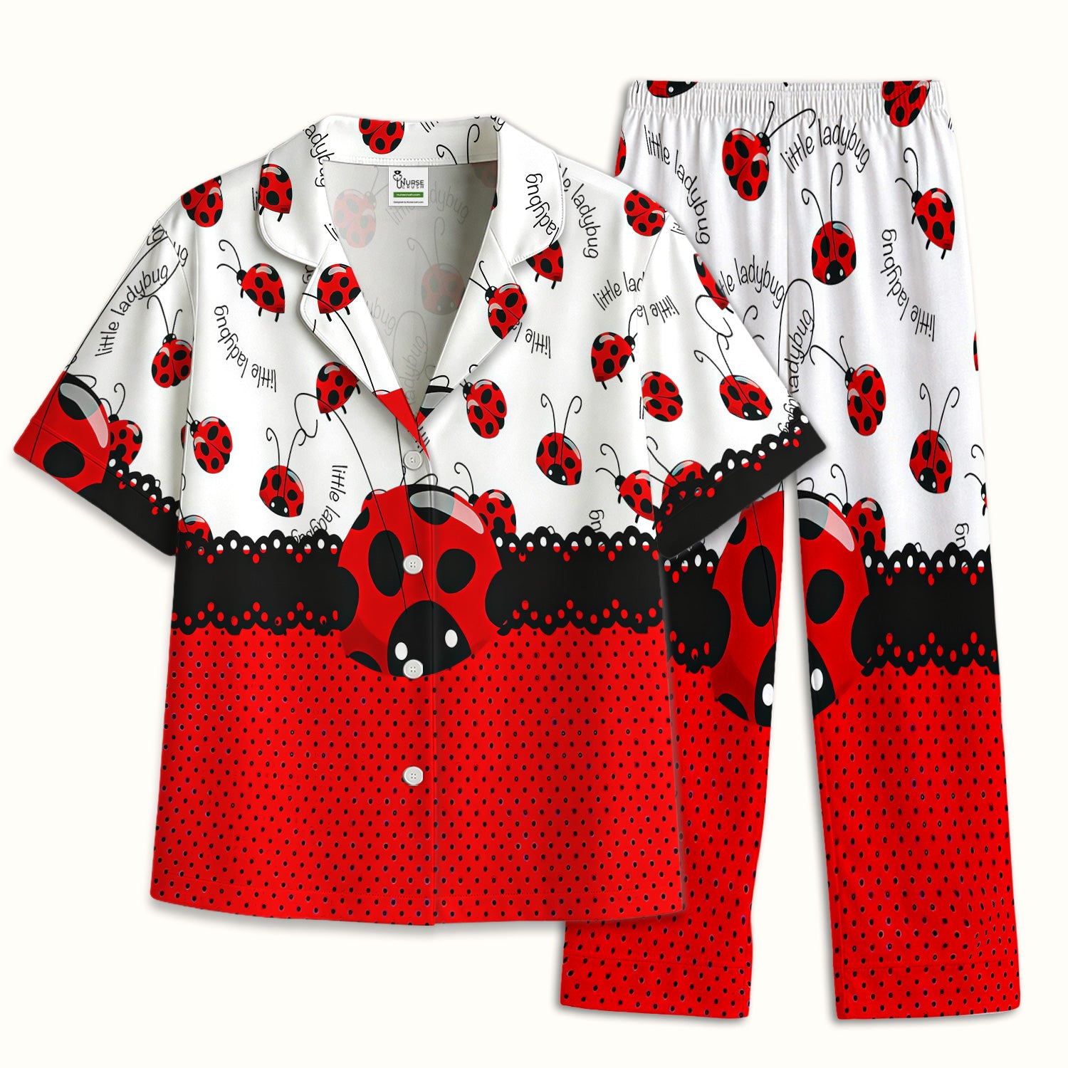 Cute Little Ladybug Polka Dot Pattern Pajama Set, Soft Breathable Fabric Comfortable Sleepwear
