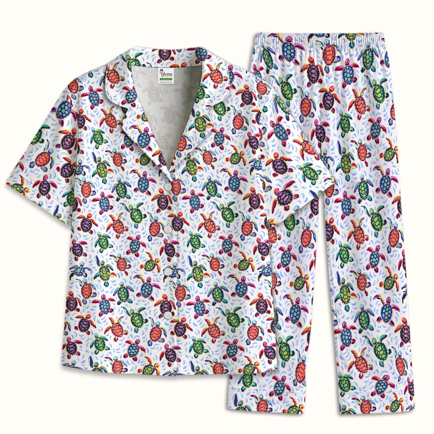Colorful Sea Turtle Wave Pattern Pajama Set, Soft Breathable Fabric Comfortable Sleepwear