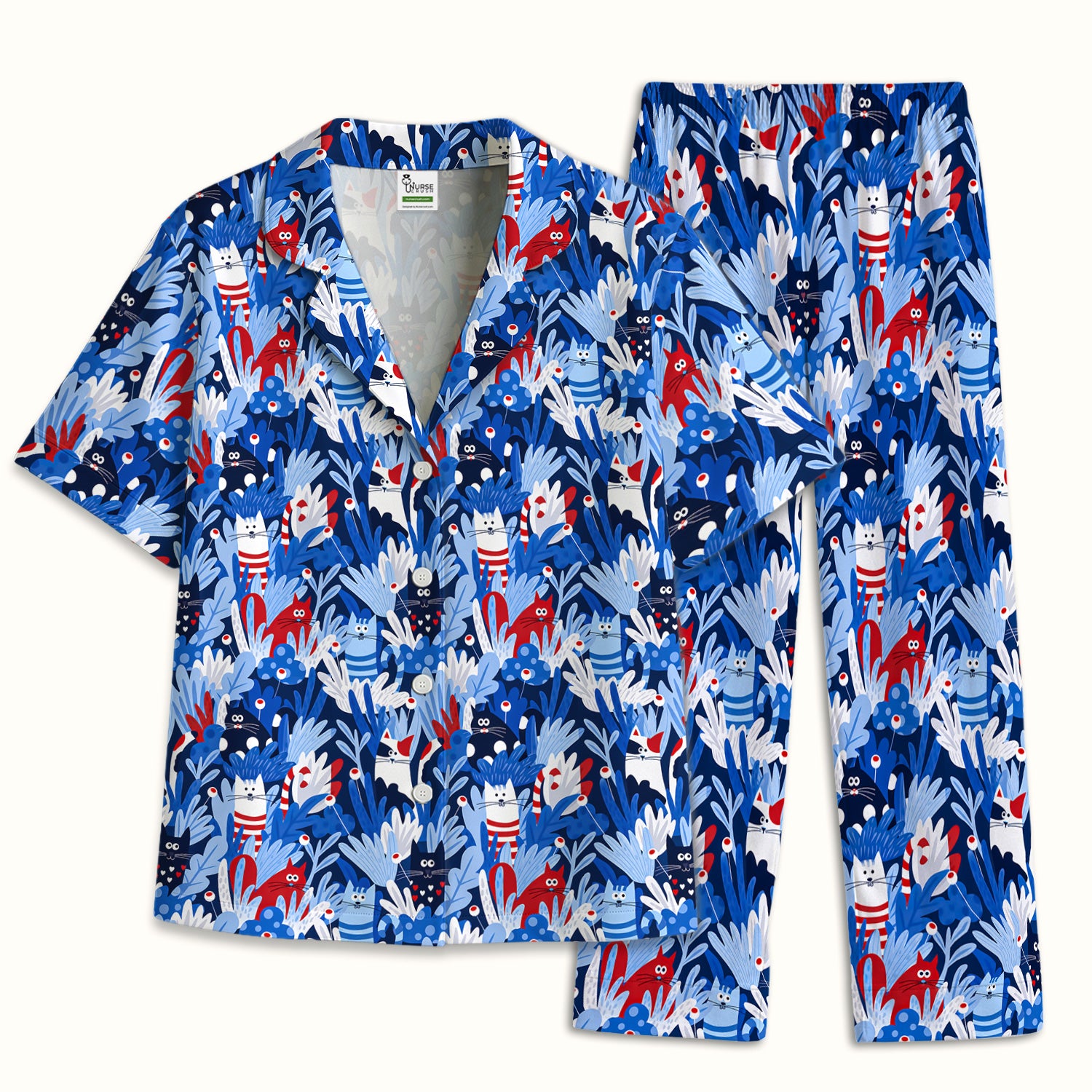 Cute Cats Among Blue Foliage Pattern Pajama Set, Soft Breathable Fabric Comfortable Sleepwear