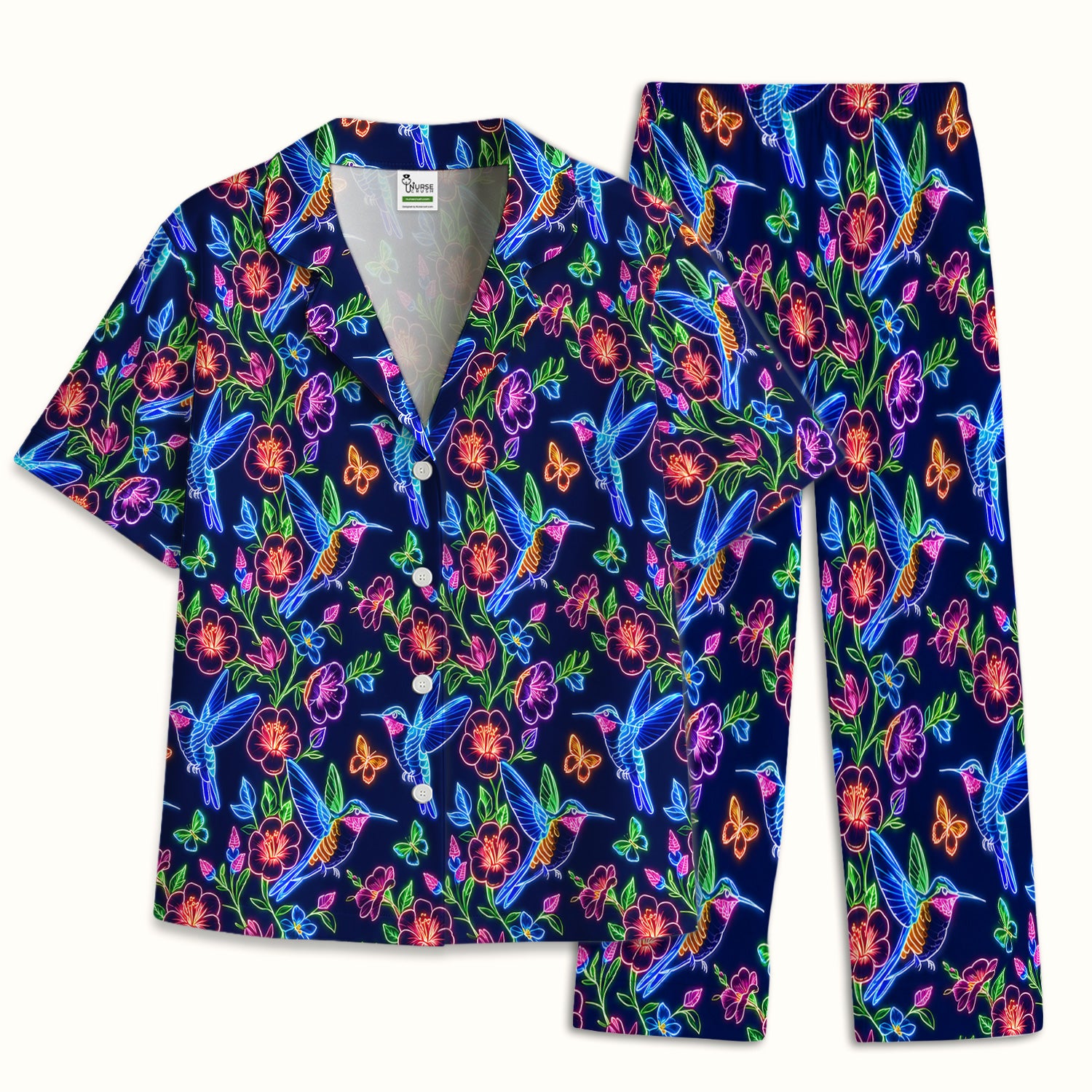 Neon Hummingbird Floral Garden Pattern Pajama Set, Soft Breathable Fabric Comfortable Sleepwear