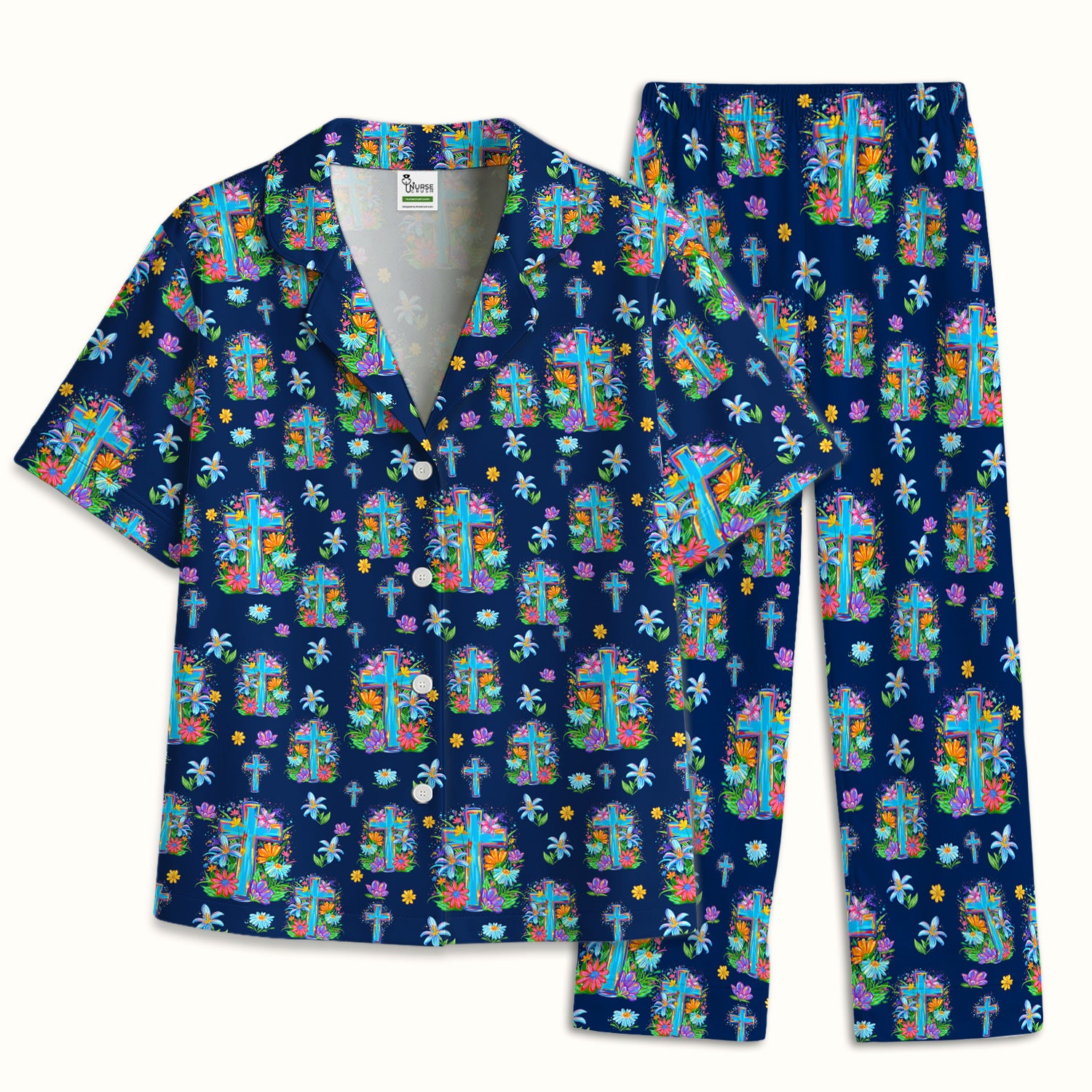 Christian Floral Cross Spring Pattern Pajama Set, Breathable Fabrics Uniform