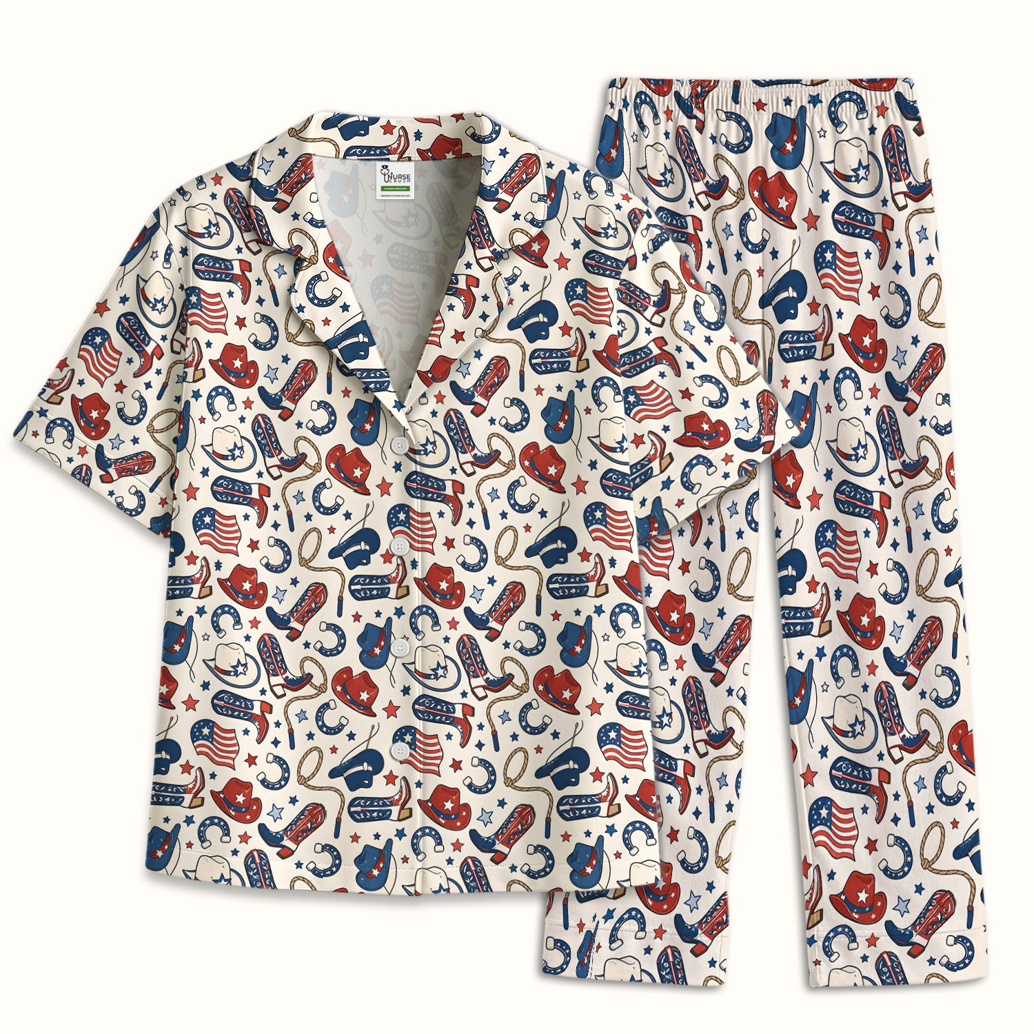 Patriotic Cowboy Boots Horseshoe Pattern Pajama Set, Soft Breathable Fabric Comfortable Sleepwear