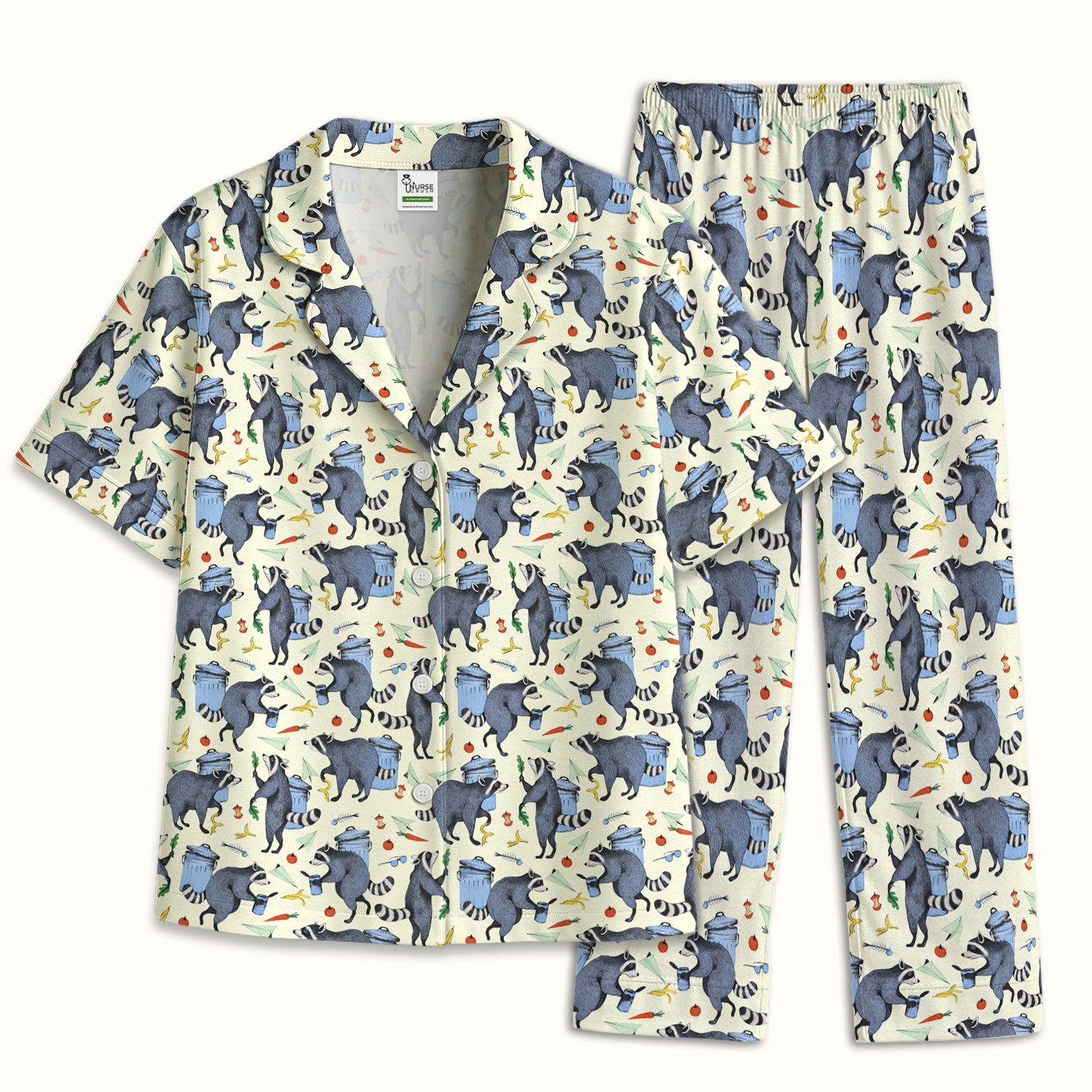Funny Nurse Raccoon Eating Trash Banana Pajama Set, Breathable Fabrics Uniform