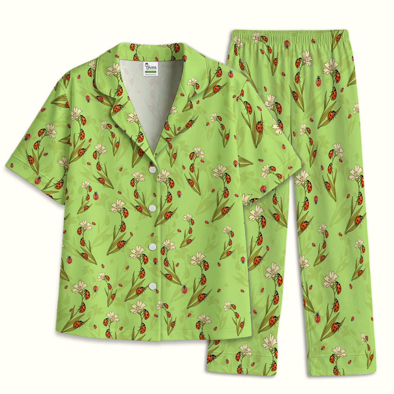 Fresh Daisy Ladybug Garden Pattern Pajama Set, Breathable Fabrics Uniform