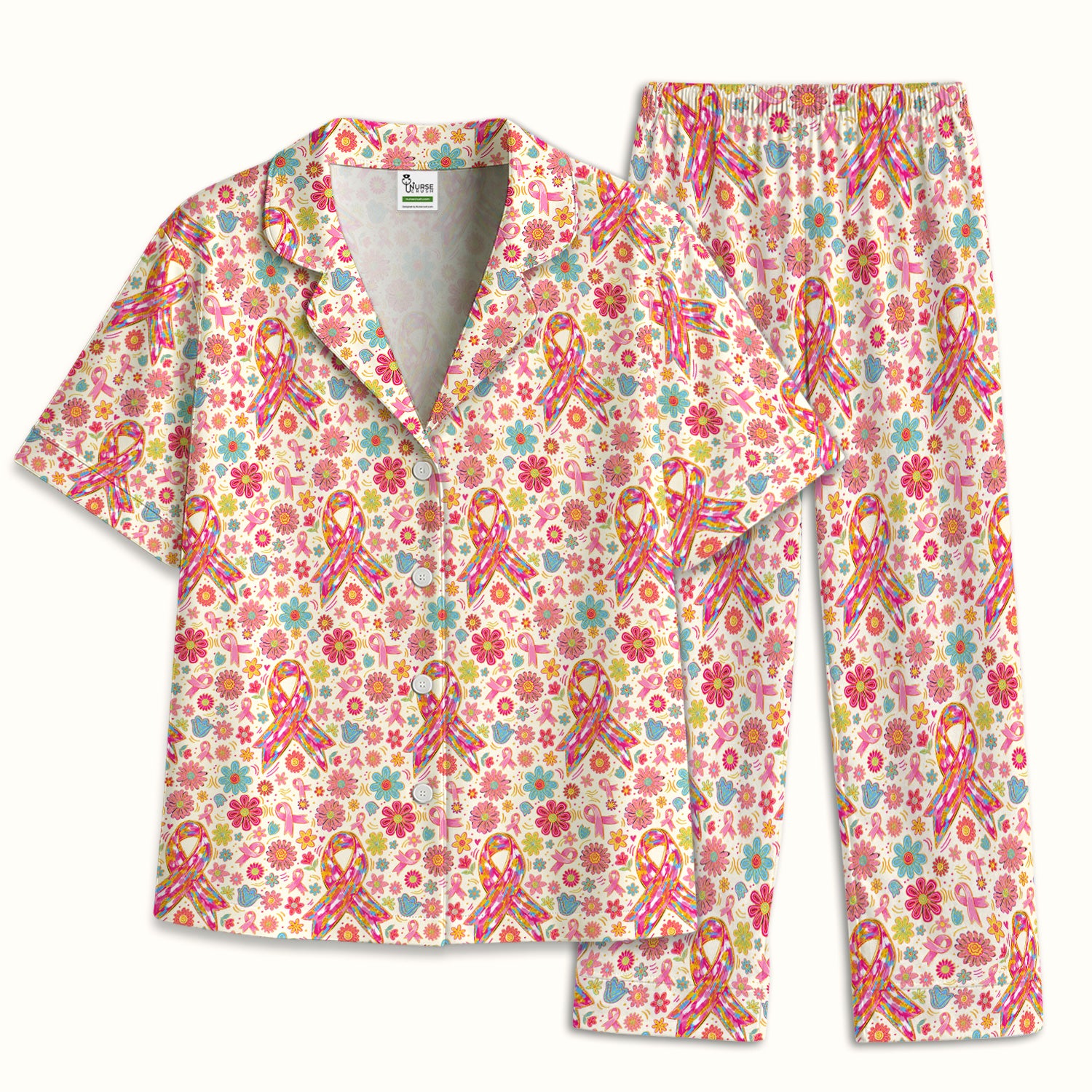Colorful Pink Ribbon Floral Pajama Set, Soft Breathable Fabric Comfortable Sleepwear