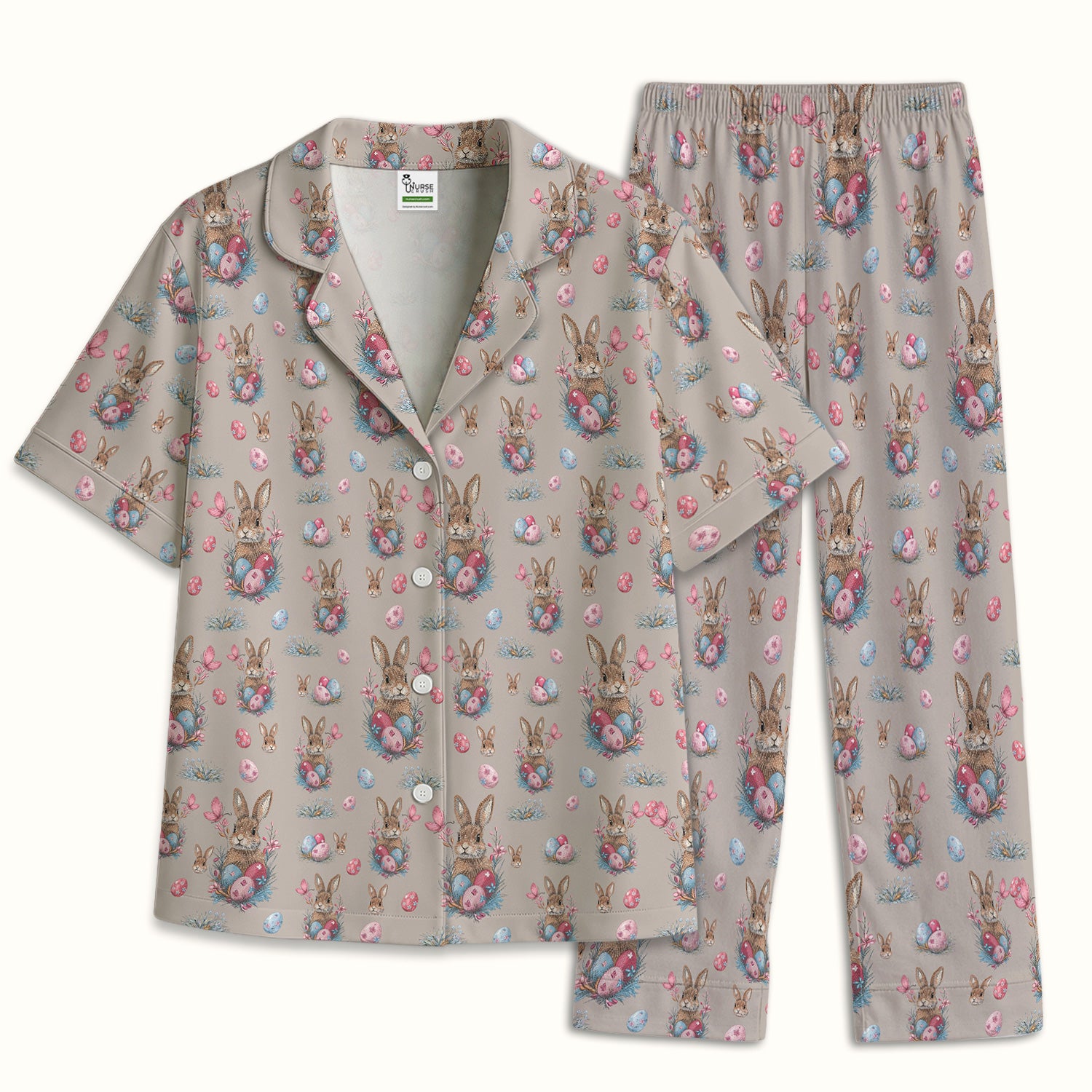 Pastel Easter Bunny Nest Pattern Pajama Set, Breathable Fabrics Uniform
