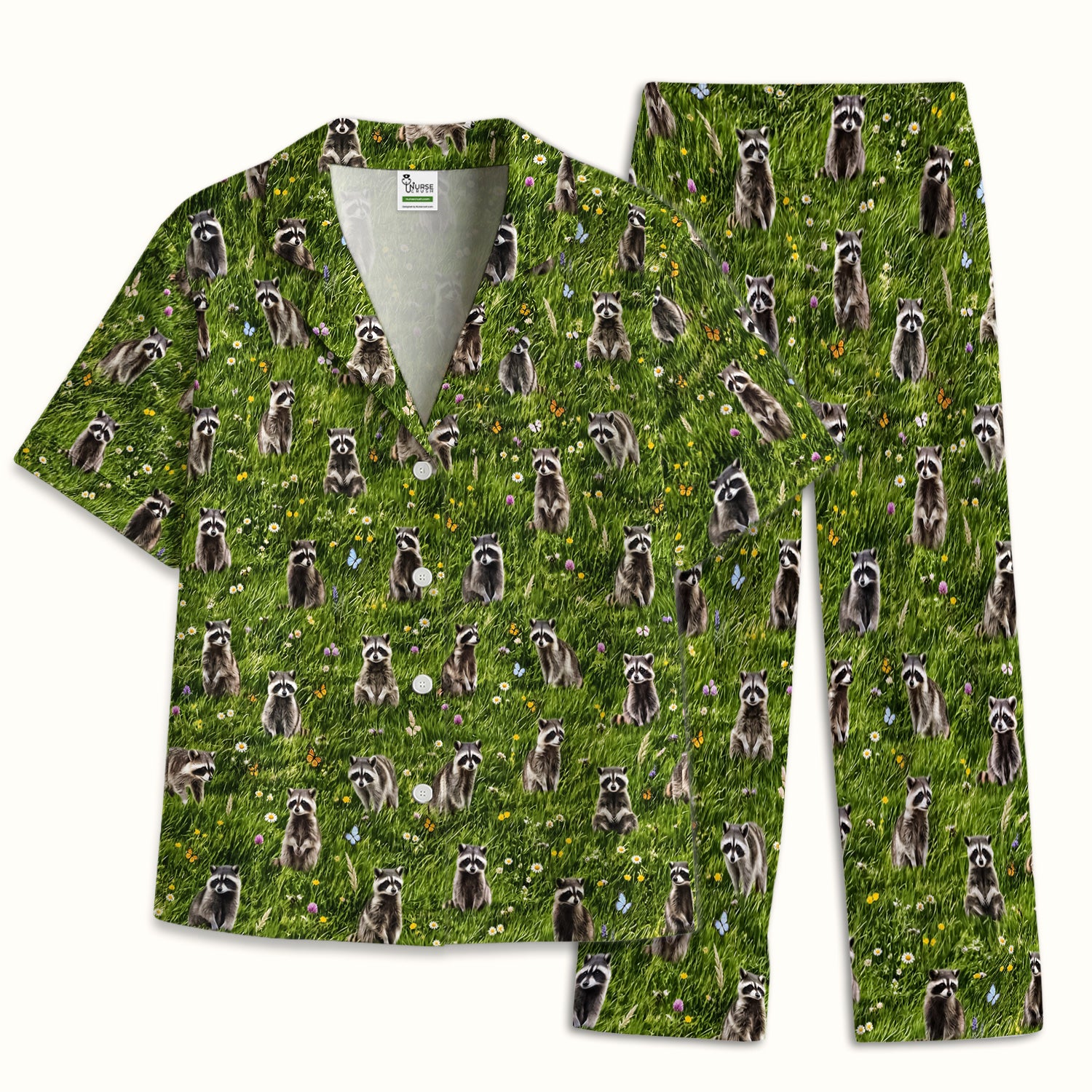 Raccoon Meadow Print Pajama Set, Soft Breathable Fabric Comfortable Sleepwear