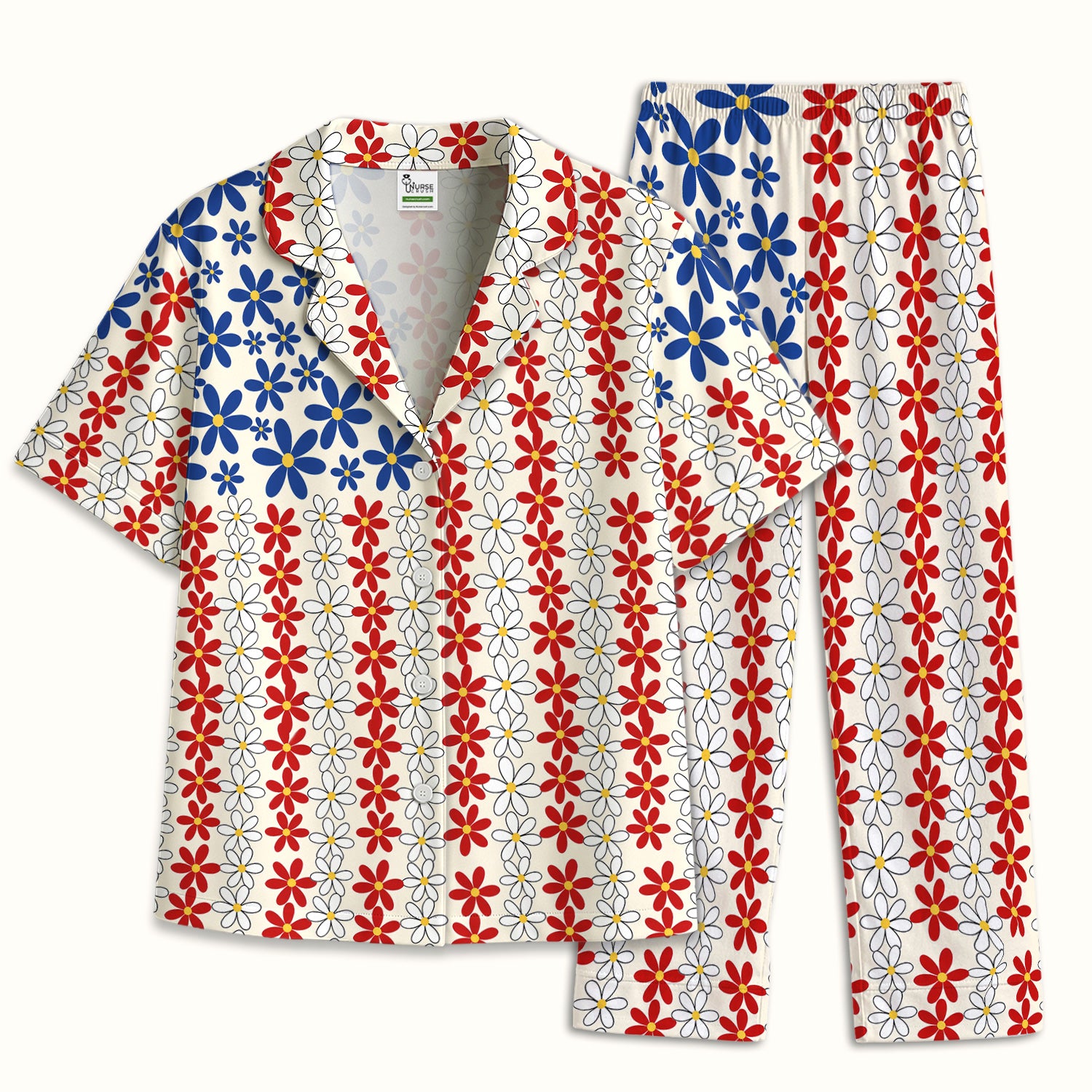 Retro Red Blue Daisy Stripe Pattern Pajama Set, Soft Breathable Fabric Comfortable Sleepwear