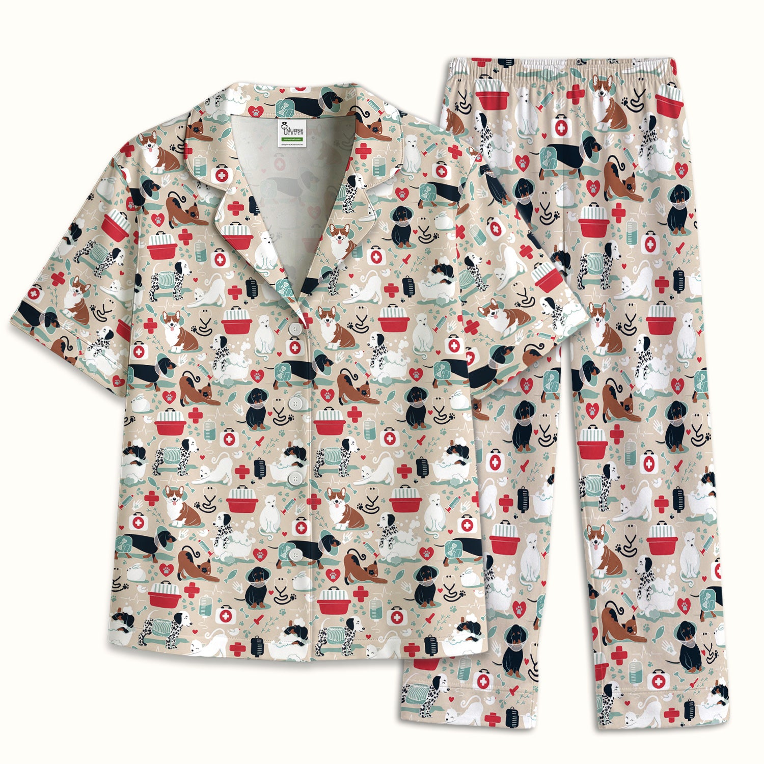 Dogs With Veterinary Tools And Paw Print Pajama Set, Breathable Fabrics Uniform