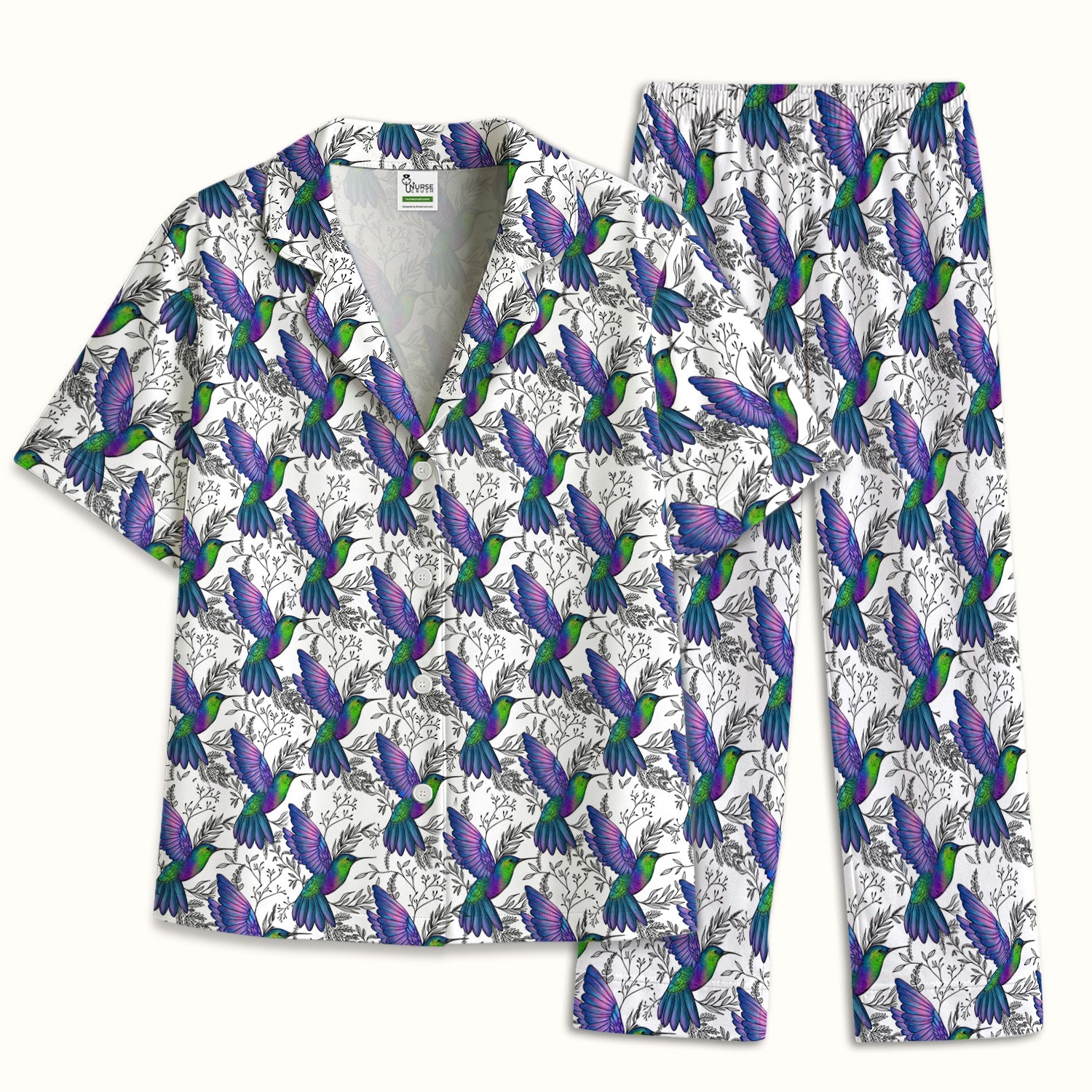 Colorful Hummingbird Flying Botanical Pattern Pajama Set, Soft Breathable Fabric Comfortable Sleepwear