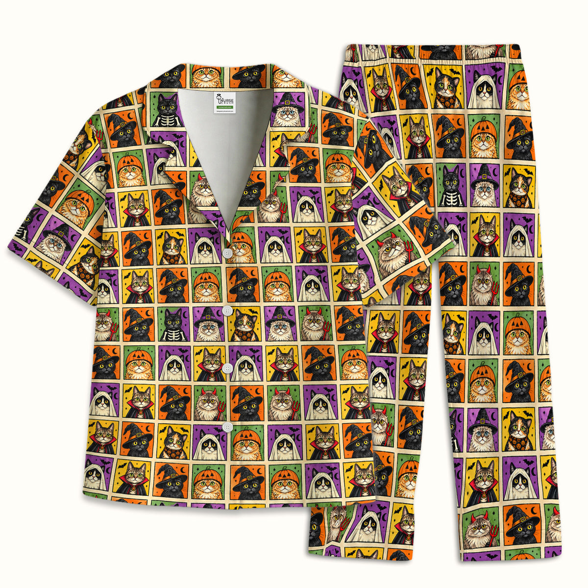 Halloween Cat Costume Patchwork Pajama Set, Soft Breathable Fabric Comfortable Sleepwear