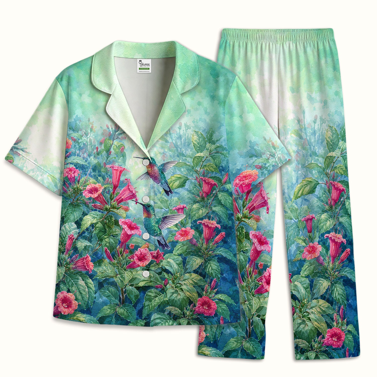 Vintage Hummingbird Floral Garden Pattern Pajama Set, Soft Breathable Fabric Comfortable Sleepwear