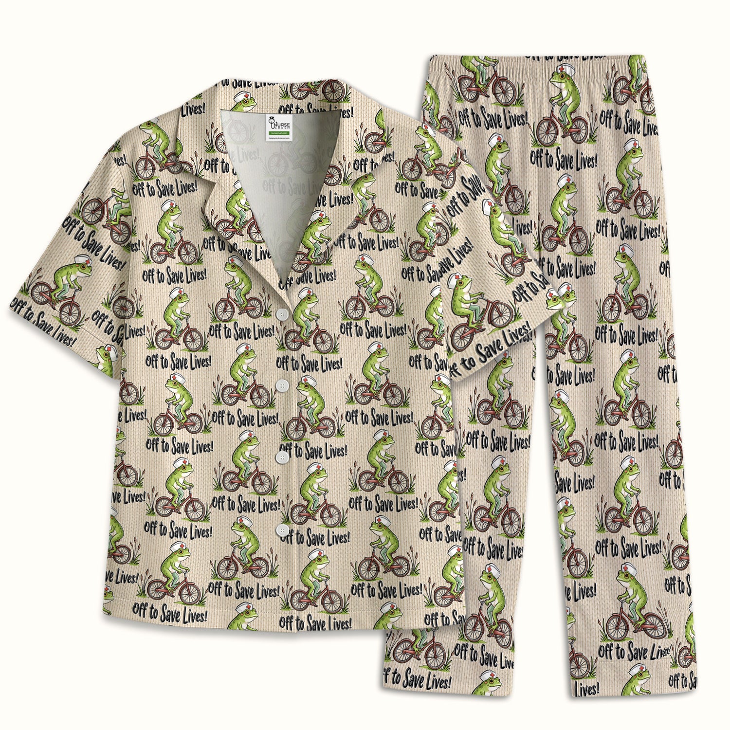 Nurse Frog Riding Bicycle Pattern Scrub Top, Breathable Fabrics Nursing Uniform Pajama Set, Soft Breathable Fabric Comfortable Sleepwear