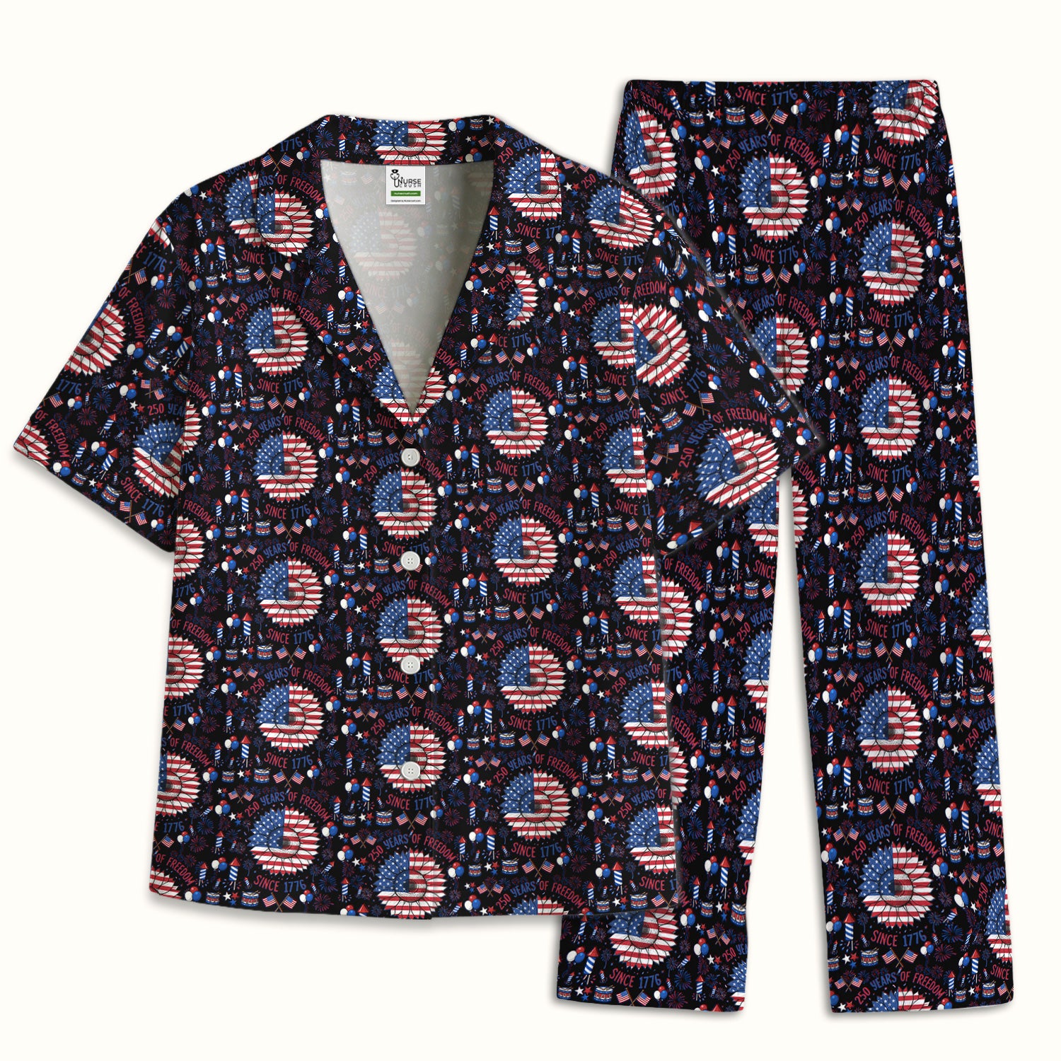 Festive Patriotic Sunflower American Flag Fireworks Pattern Pajama Set, Breathable Fabrics Uniform