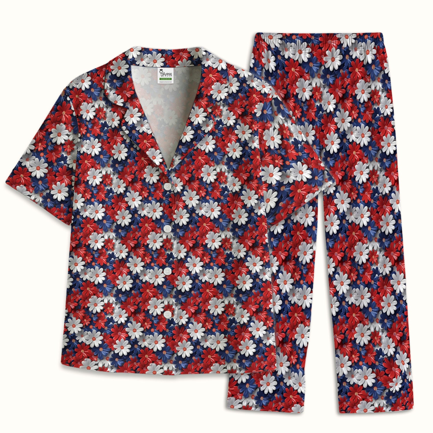 Festive Patriotic Daisy Bloom Pattern Pajama Set, Soft Breathable Fabric Comfortable Sleepwear