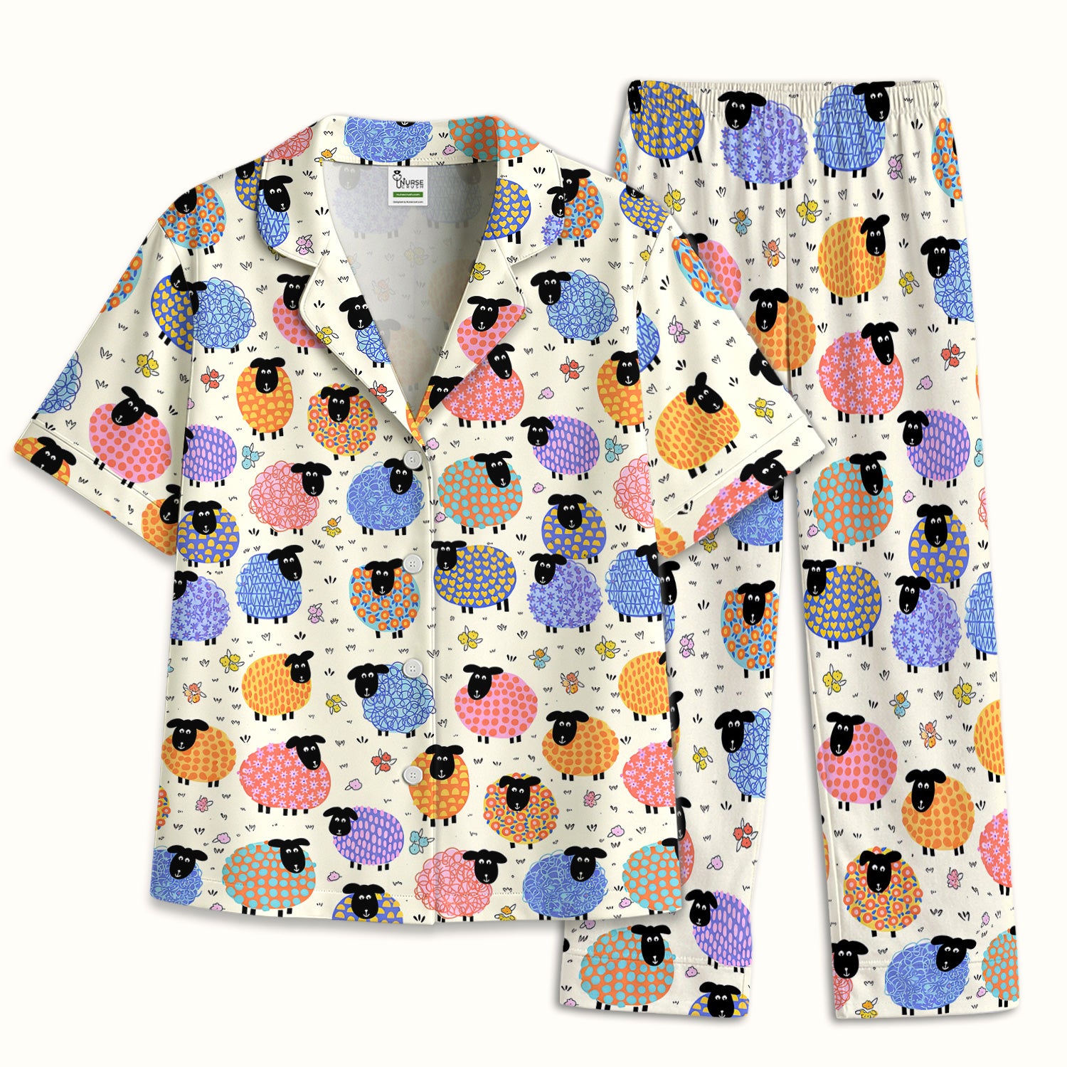 Funny Colorful Sheep Pattern Pajama Set, Breathable Fabrics Uniform