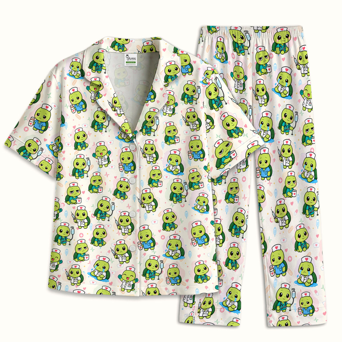 Cute Nurse Turtle Medical Icons Pajama Set, Soft Breathable Fabric Comfortable Sleepwear
