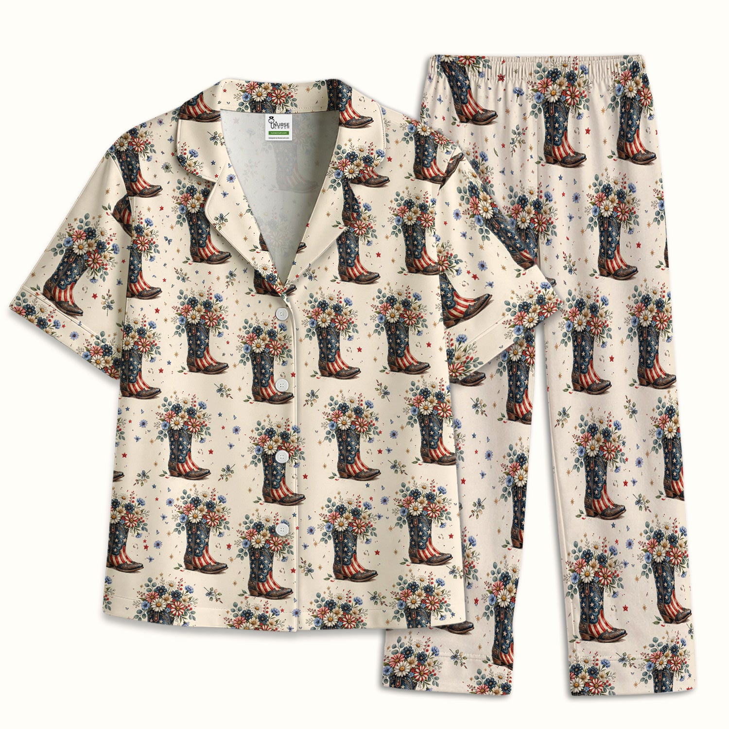 Festive Patriotic Cowboy Boots Flower Pattern Pajama Set, Soft Breathable Fabric Comfortable Sleepwear