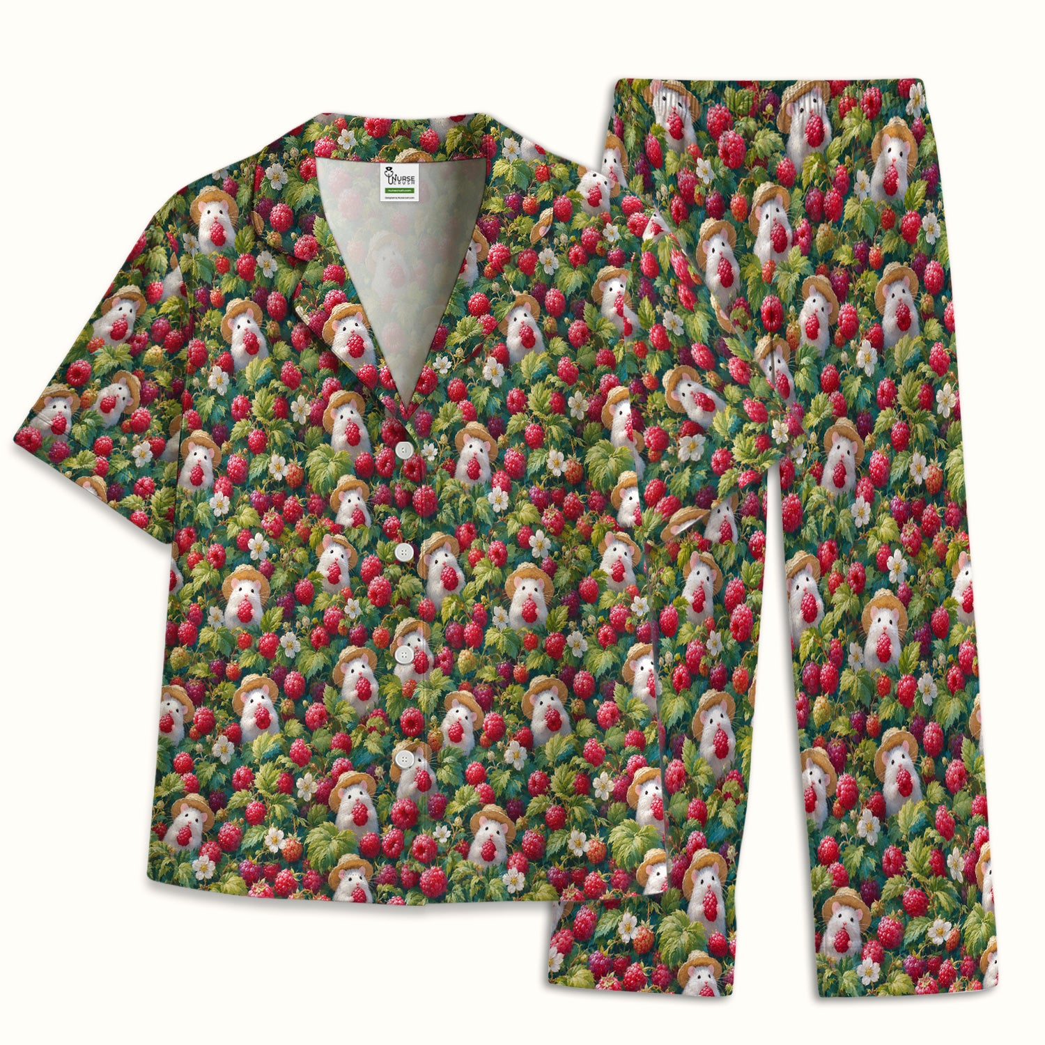 Cute Raspberry Mouse Garden Pattern Pajama Set, Soft Breathable Fabric Comfortable Sleepwear