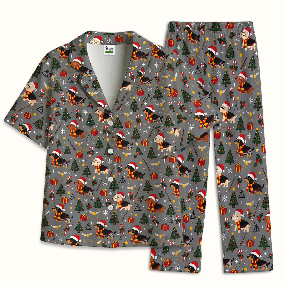 Christmas Wizard Dachshunds Pattern Pajama Set, Soft Breathable Fabric Comfortable Sleepwear