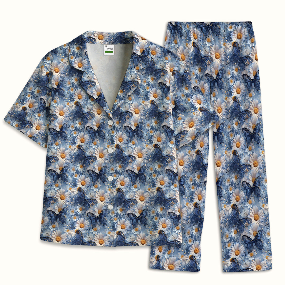 Blue Daisy Butterfly Print Pajama Set, Soft Breathable Fabric Comfortable Sleepwear