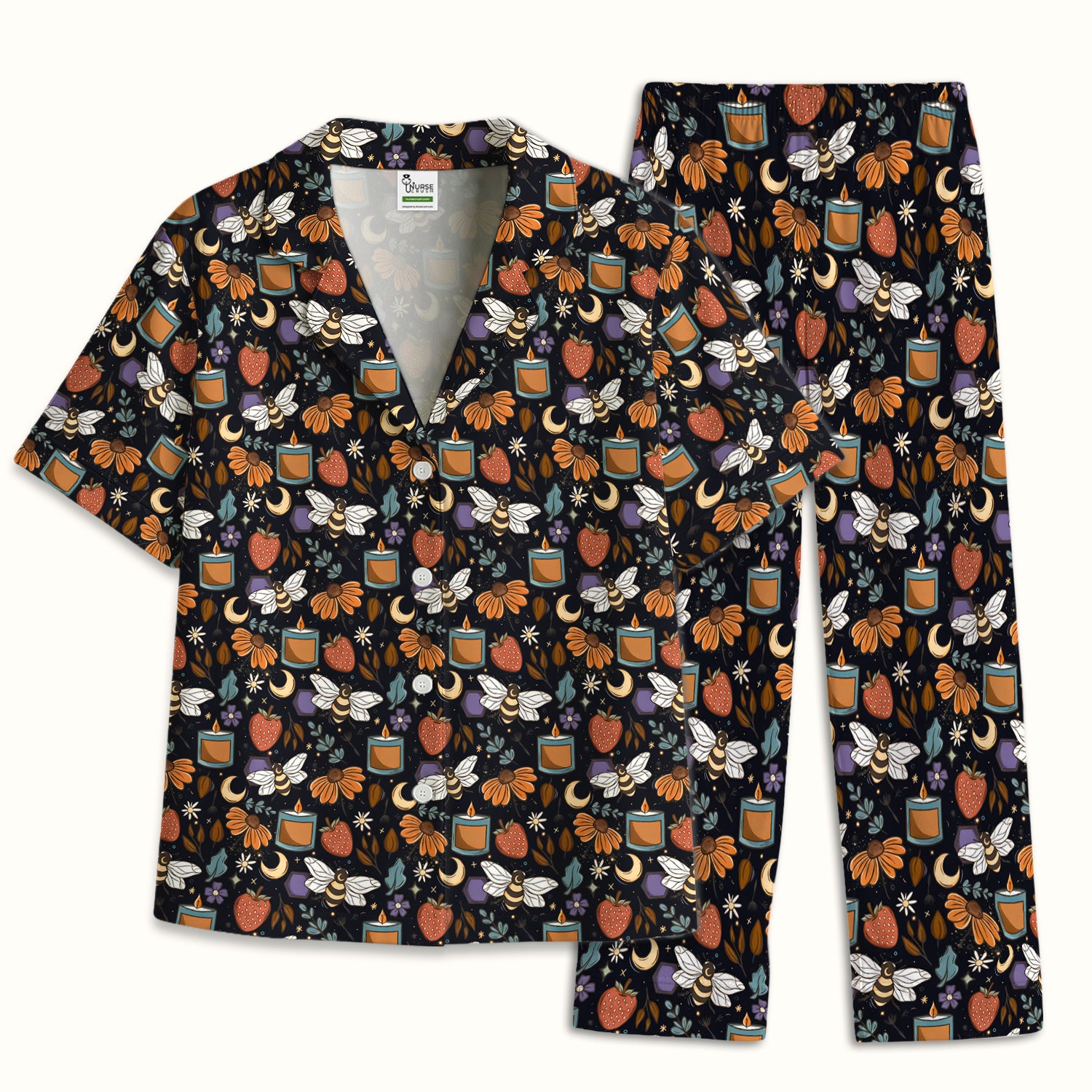 Bee Strawberry Floral Candle Pattern Pajama Set, Breathable Fabrics Uniform