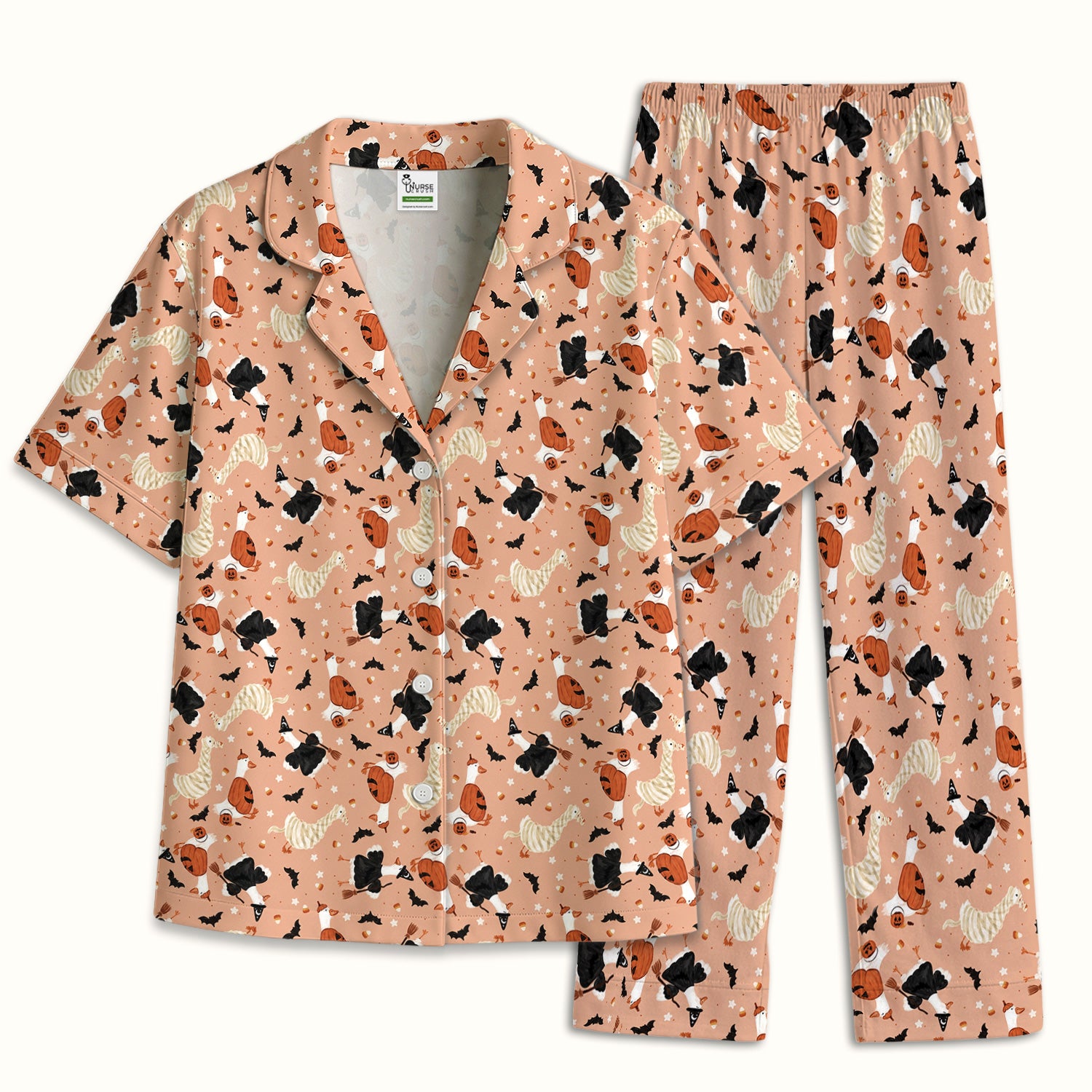 Halloween Goose with Pumpkin Bat Pattern Pajama Set, Soft Breathable Fabric Comfortable Sleepwear