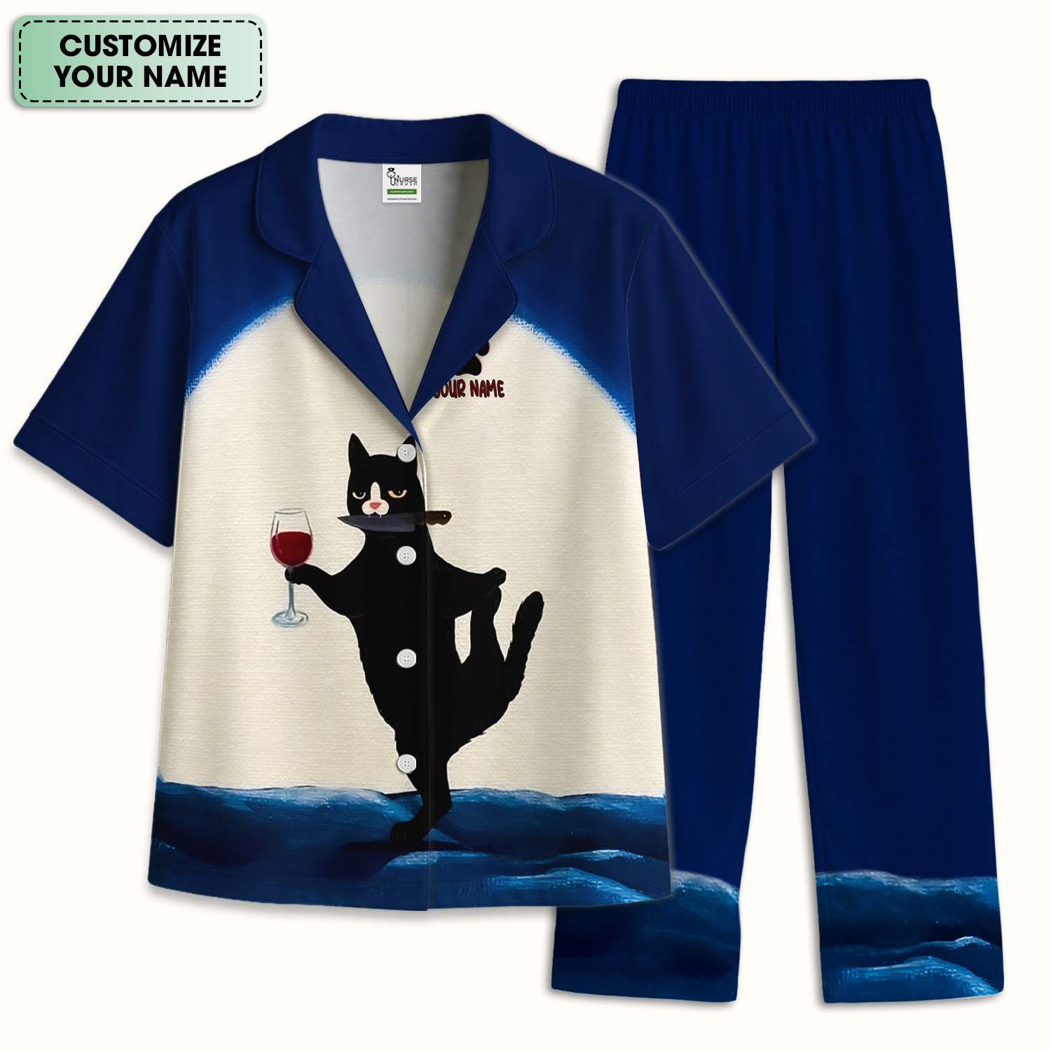 Personalized Funny Cat Holding Wine Glass Knife Pose Pattern Pajama Set, Soft Breathable Fabric Comfortable Sleepwear