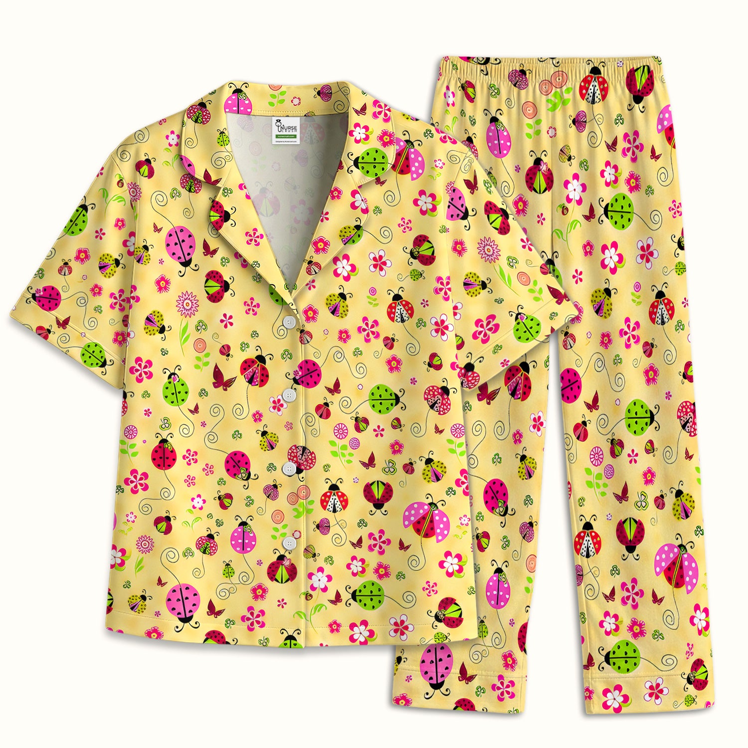Yellow Ladybug Floral Garden Pattern Pajama Set, Soft Breathable Fabric Comfortable Sleepwear