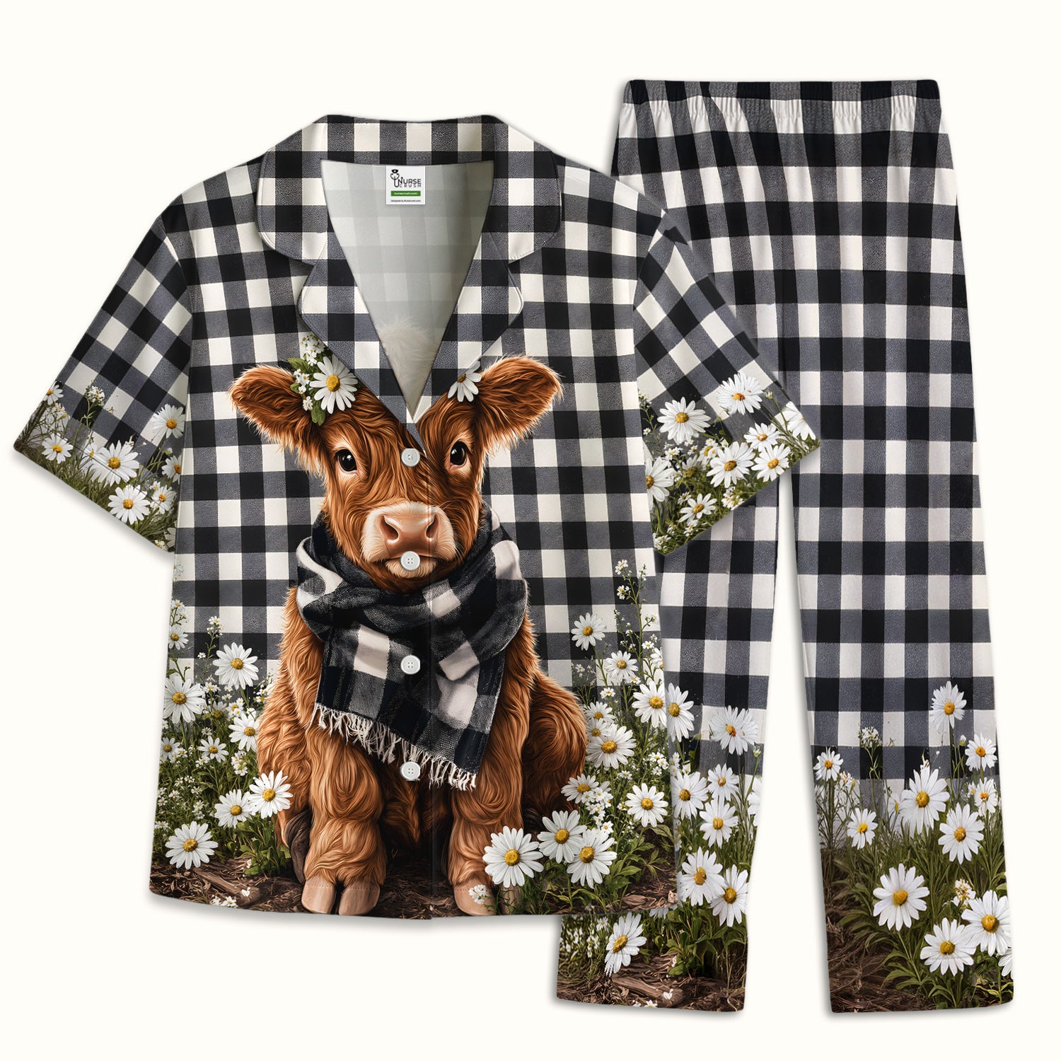 Highland Cow Daisy Pattern Pajama Set, Soft Breathable Fabric Comfortable Sleepwear