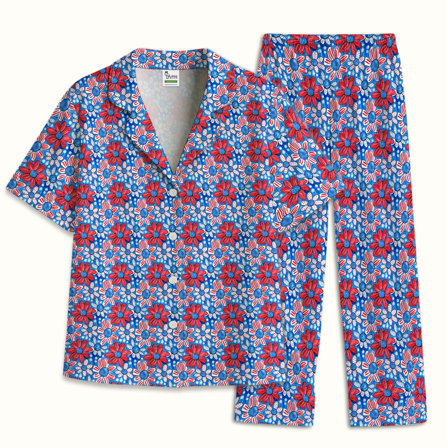 Cute Patriotic Daisy Blossom Repeat Pattern Pajama Set, Soft Breathable Fabric Comfortable Sleepwear