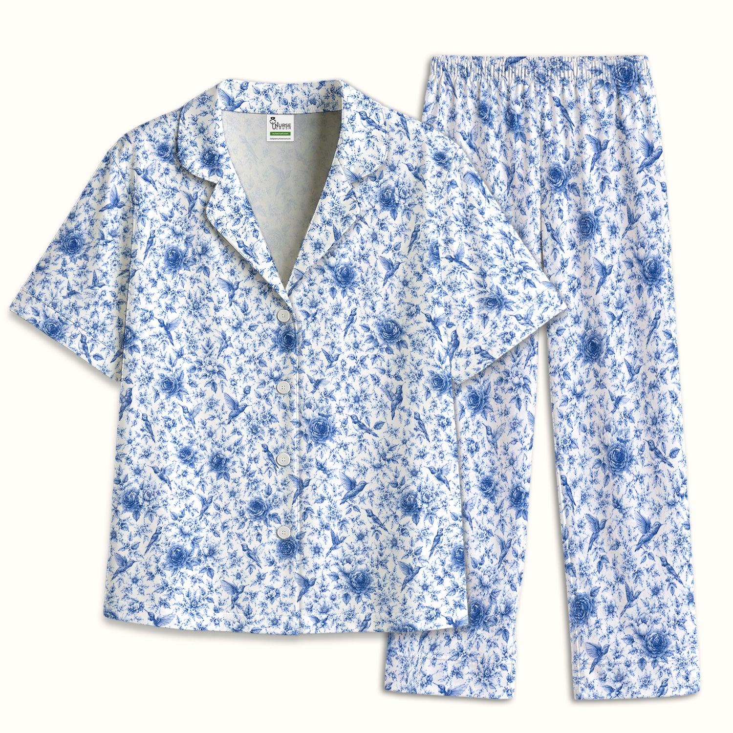 Blue Floral Hummingbird Toile Pattern Pajama Set, Soft Breathable Fabric Comfortable Sleepwear