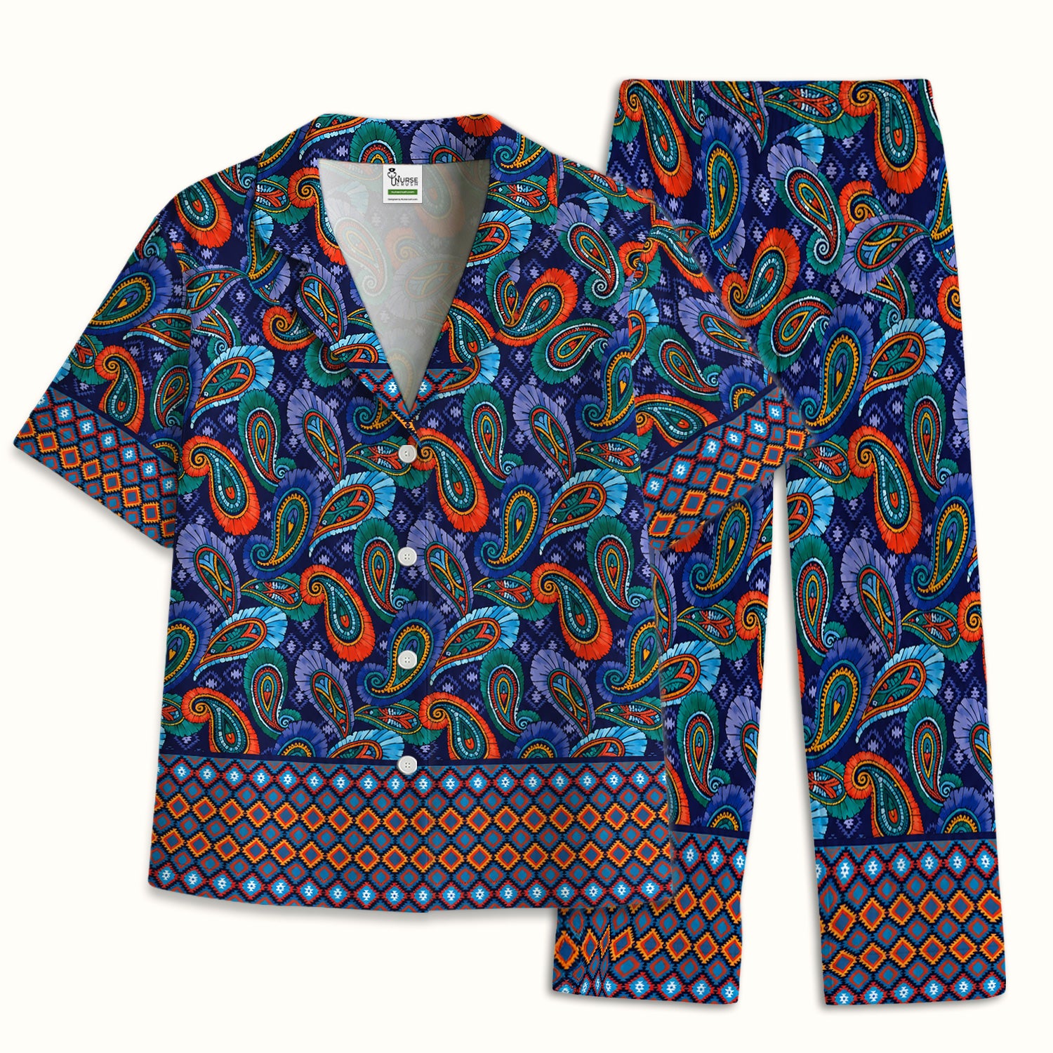 Colorful Paisley Geometric Border Pattern Pajama Set, Soft Breathable Fabric Comfortable Sleepwear