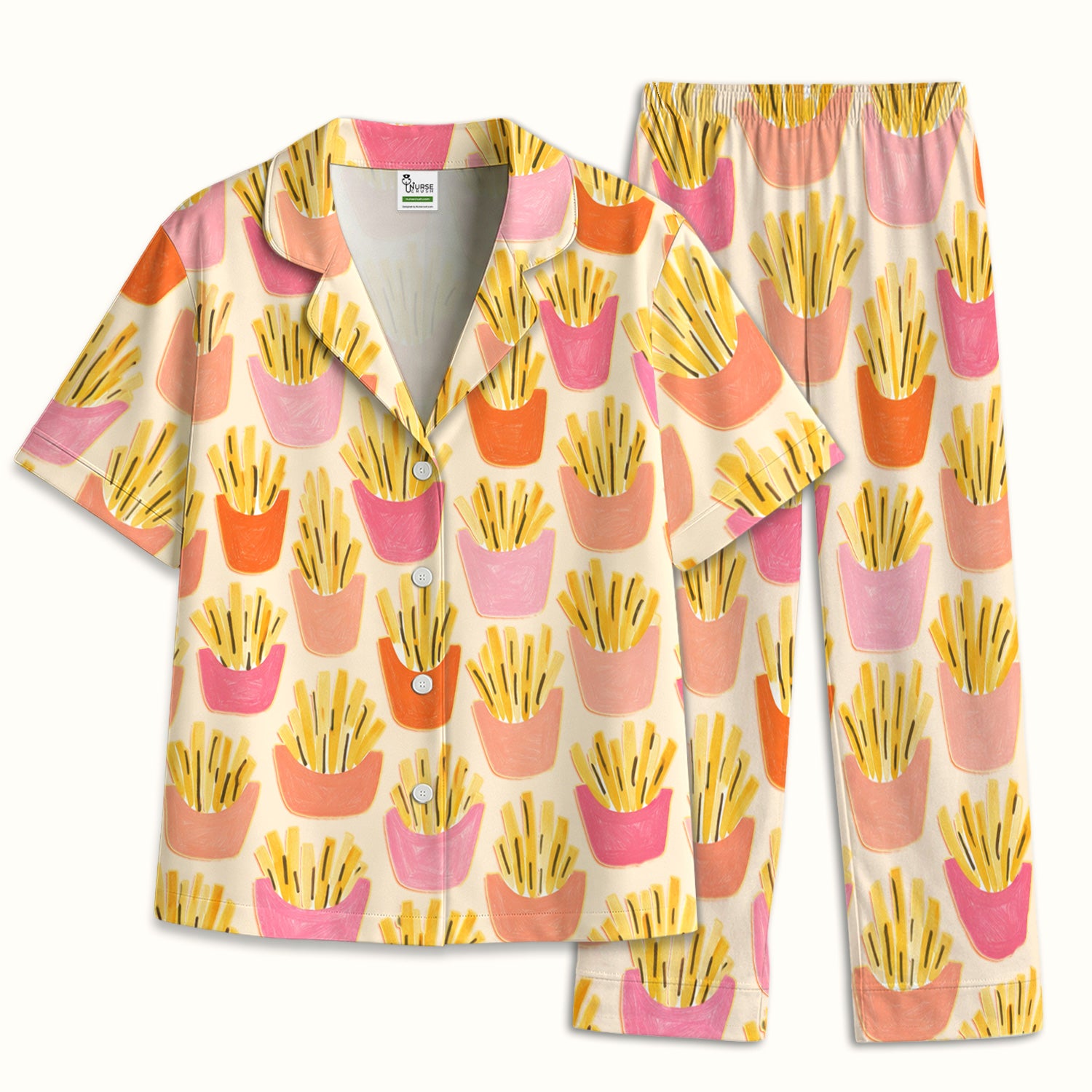 Funny French Fries Snack Food Pattern Pajama Set, Breathable Fabrics Uniform