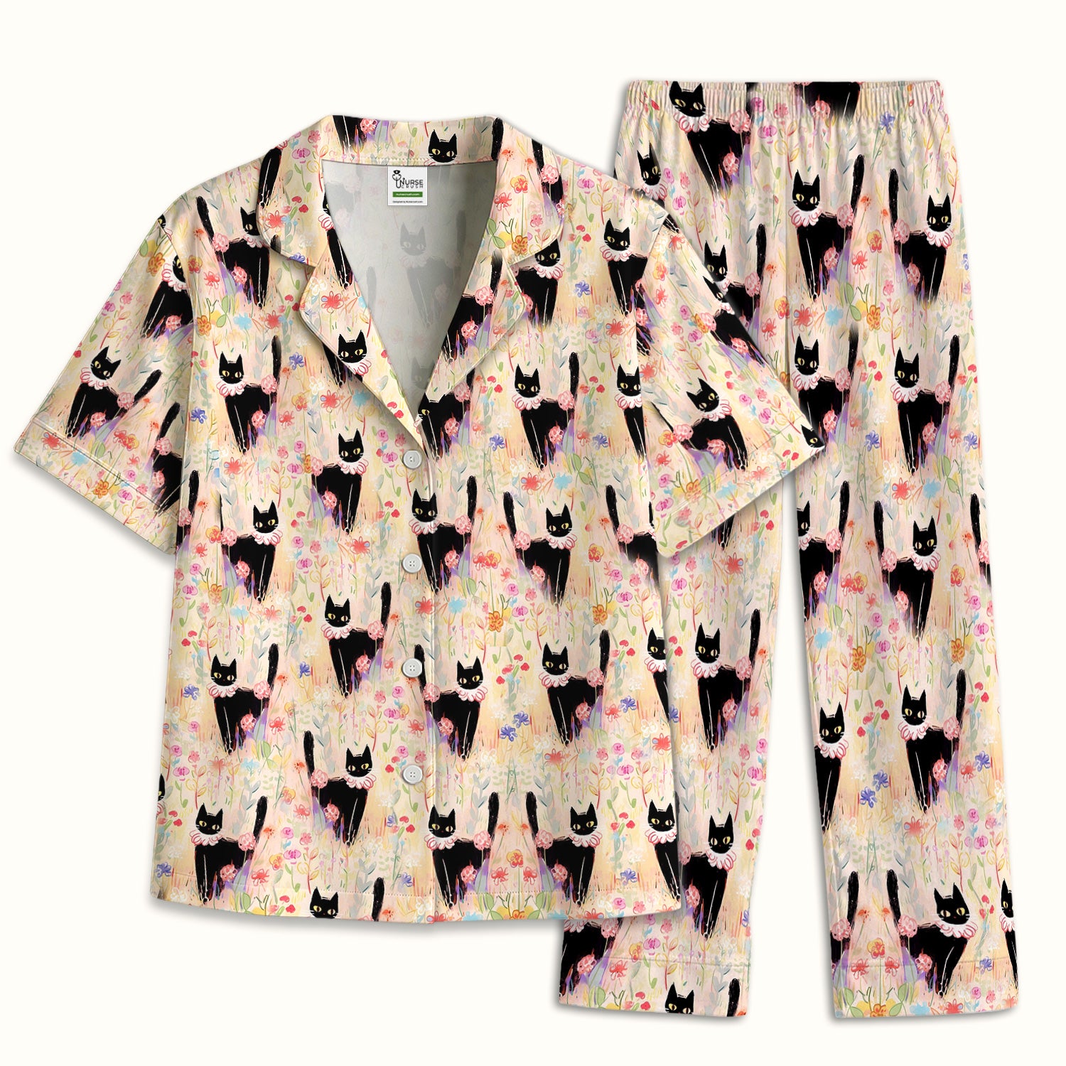 Black Cat Floral Garden Nurse Pattern Pajama Set, Soft Breathable Fabric Comfortable Sleepwear