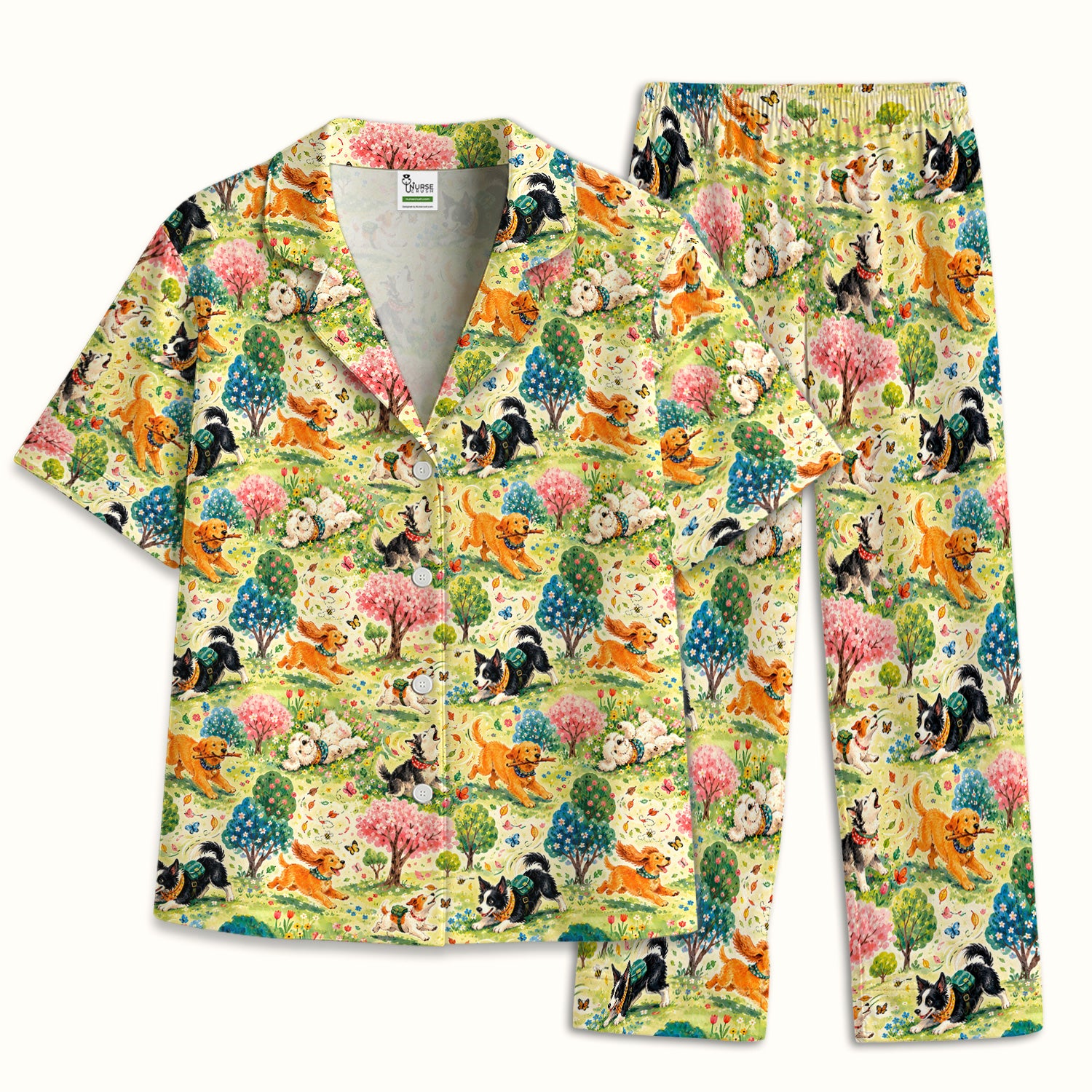 Playful Spring Garden Dogs Pattern Pajama Set, Soft Breathable Fabric Comfortable Sleepwear