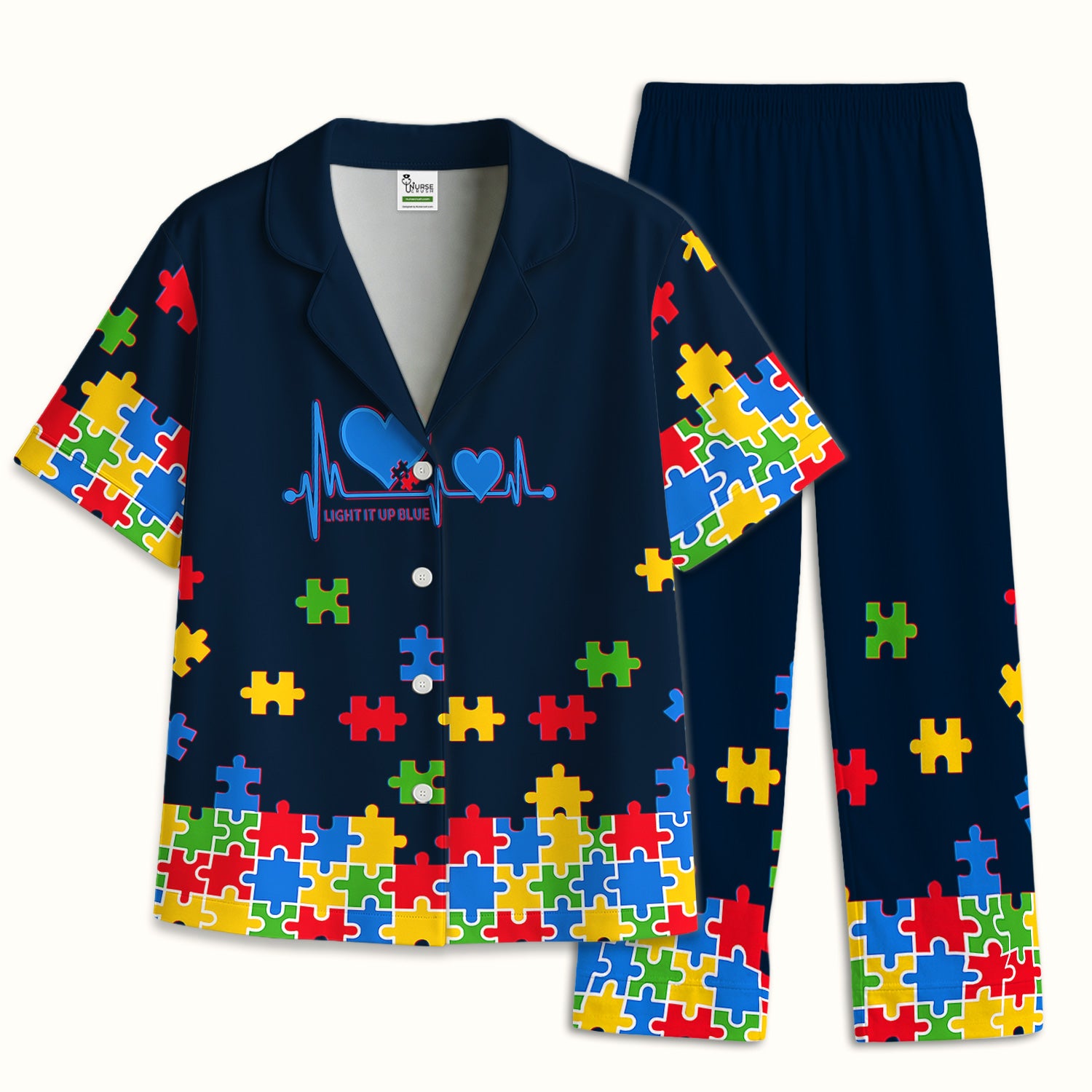 Autism Puzzle Heartbeat Light It Up Blue Print Pajama Set, Breathable Fabrics Uniform