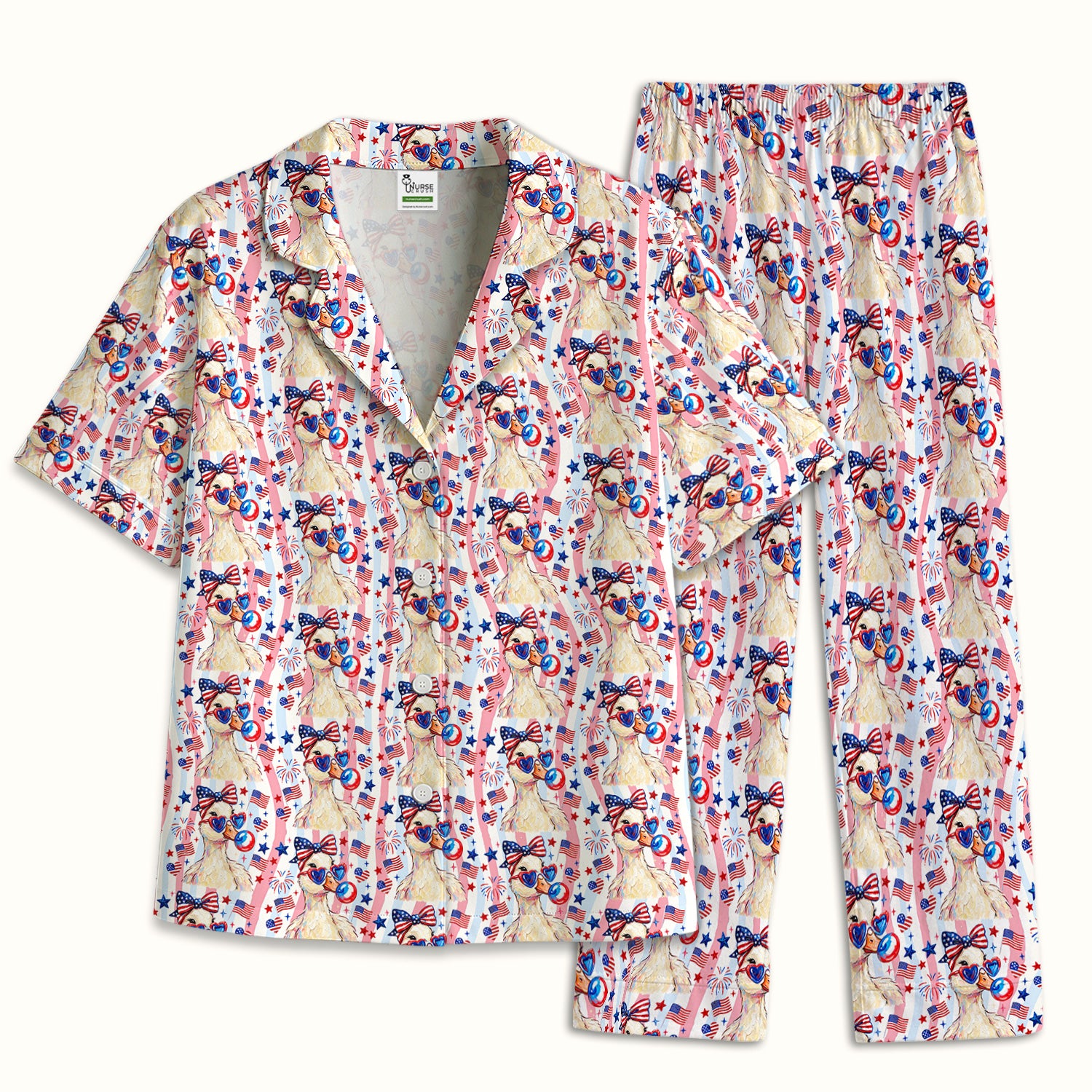 Cute Patriotic Goose Nurse Pattern Pajama Set, Soft Breathable Fabric Comfortable Sleepwear