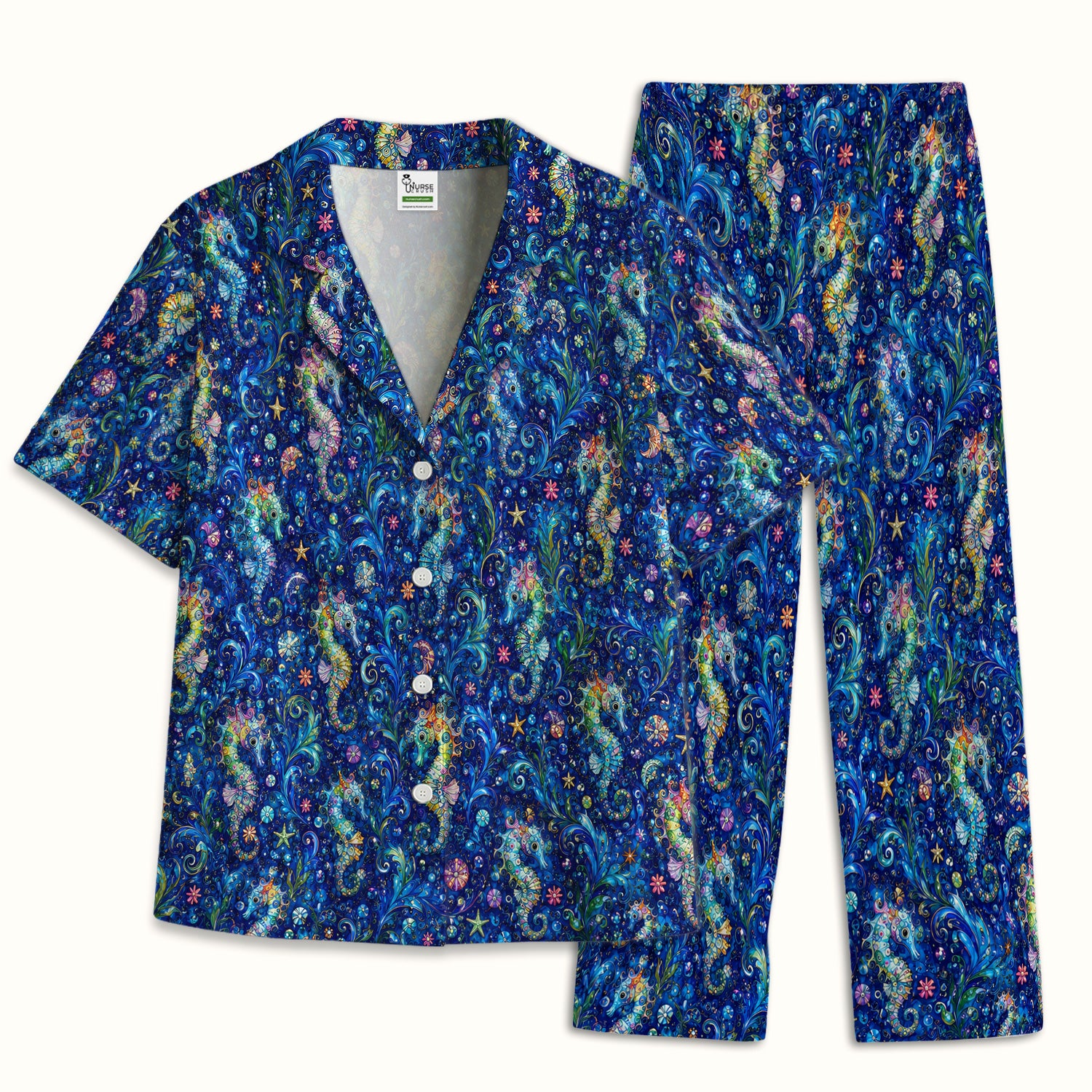 Vibrant Seahorse Ocean Swirl Pattern Pajama Set, Soft Breathable Fabric Comfortable Sleepwear