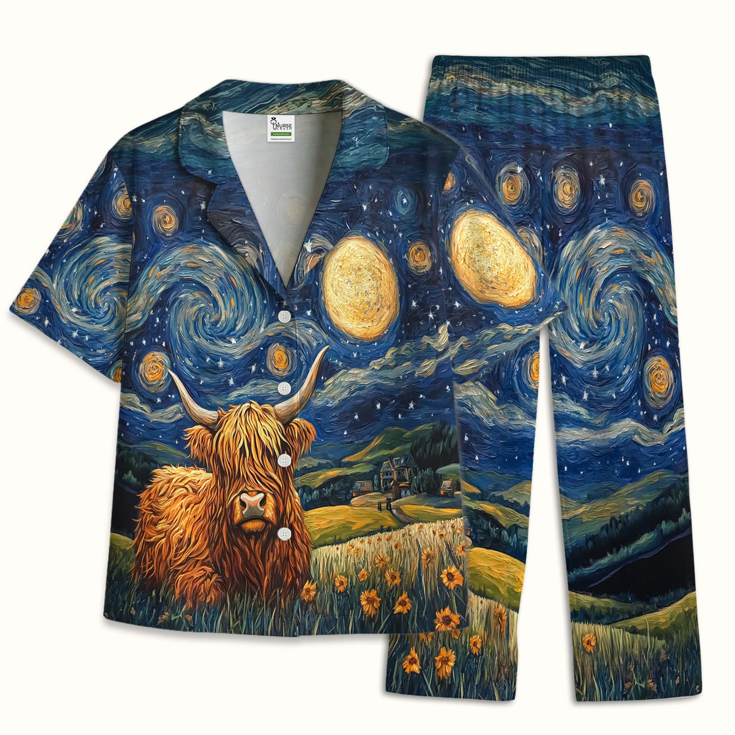 Artistic Highland Cow Starry Night Scene Pattern Pajama Set, Soft Breathable Fabric Comfortable Sleepwear